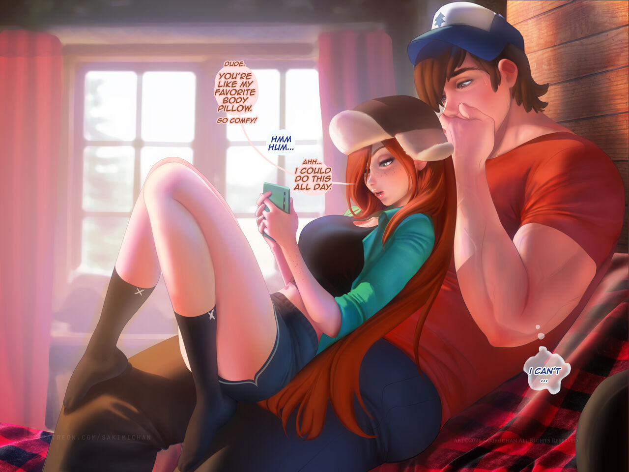 1boy, 1girls, aged up, baseball cap, big breasts, breasts, brown hair, dipper pines, disney, disney channel, disney xd, english text, female, freckles, ginger hair, gravity falls, laying on back, light skin, light-skinned female, light-skinned male, long hair, male, muscular, muscular male, pine tree (symbol), red hair, sakimichan, speech bubble, straight, wendy corduroy