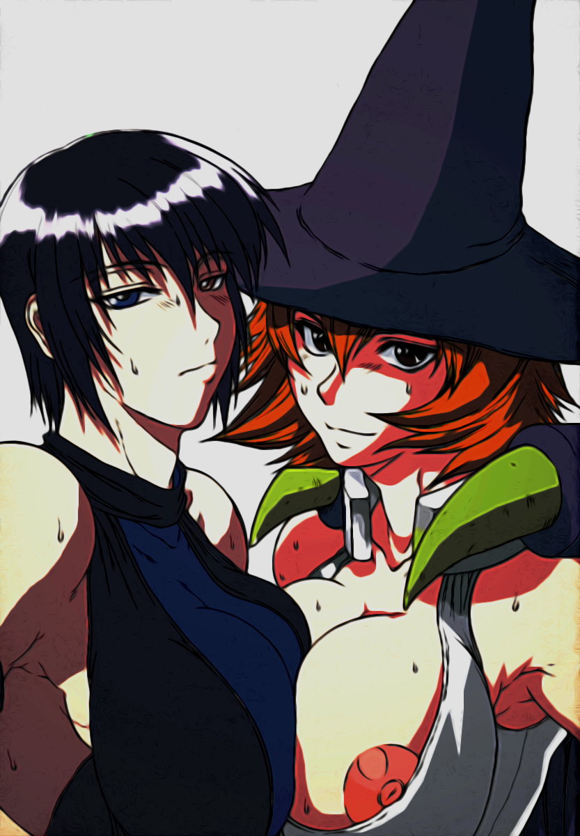 2girls areolae big_breasts black_hair blue_eyes capcom crossover multiple_girls nipples pale-skinned_female red_earth red_hair samurai_shodown shiki_(samurai_shodown) short_hair snk snk_vs_capcom superfernandoxt tabasa tessa_(red_earth) warzard witch witch_hat