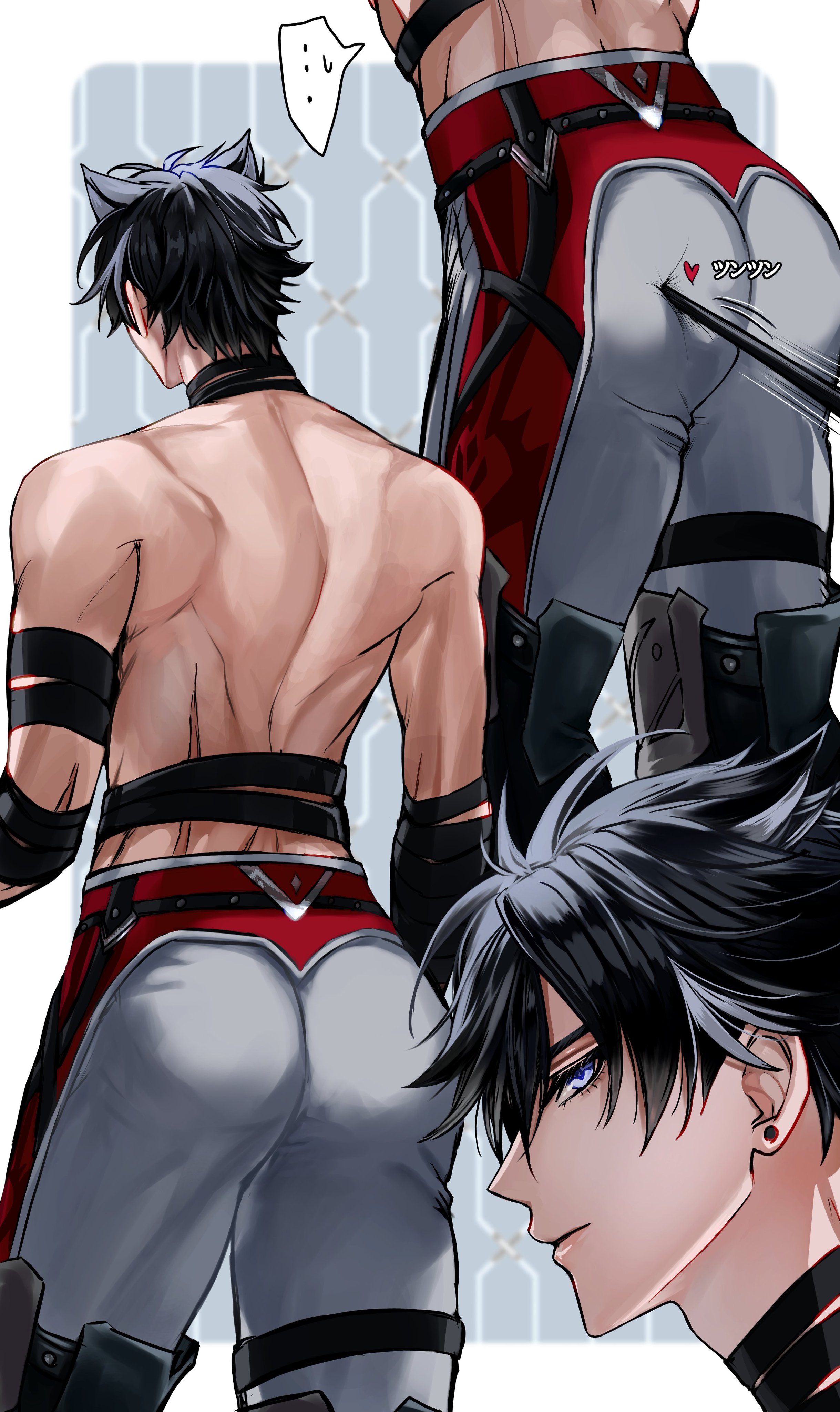 1boy, ass, back, big ass, big ass (male), big butt, big butt (male), black hair, bubble ass, bubble butt, gay, genshin impact, male, male only, pants, poking, rear view, standing, tight pants, topless male, triceps, wriothesley (genshin impact)