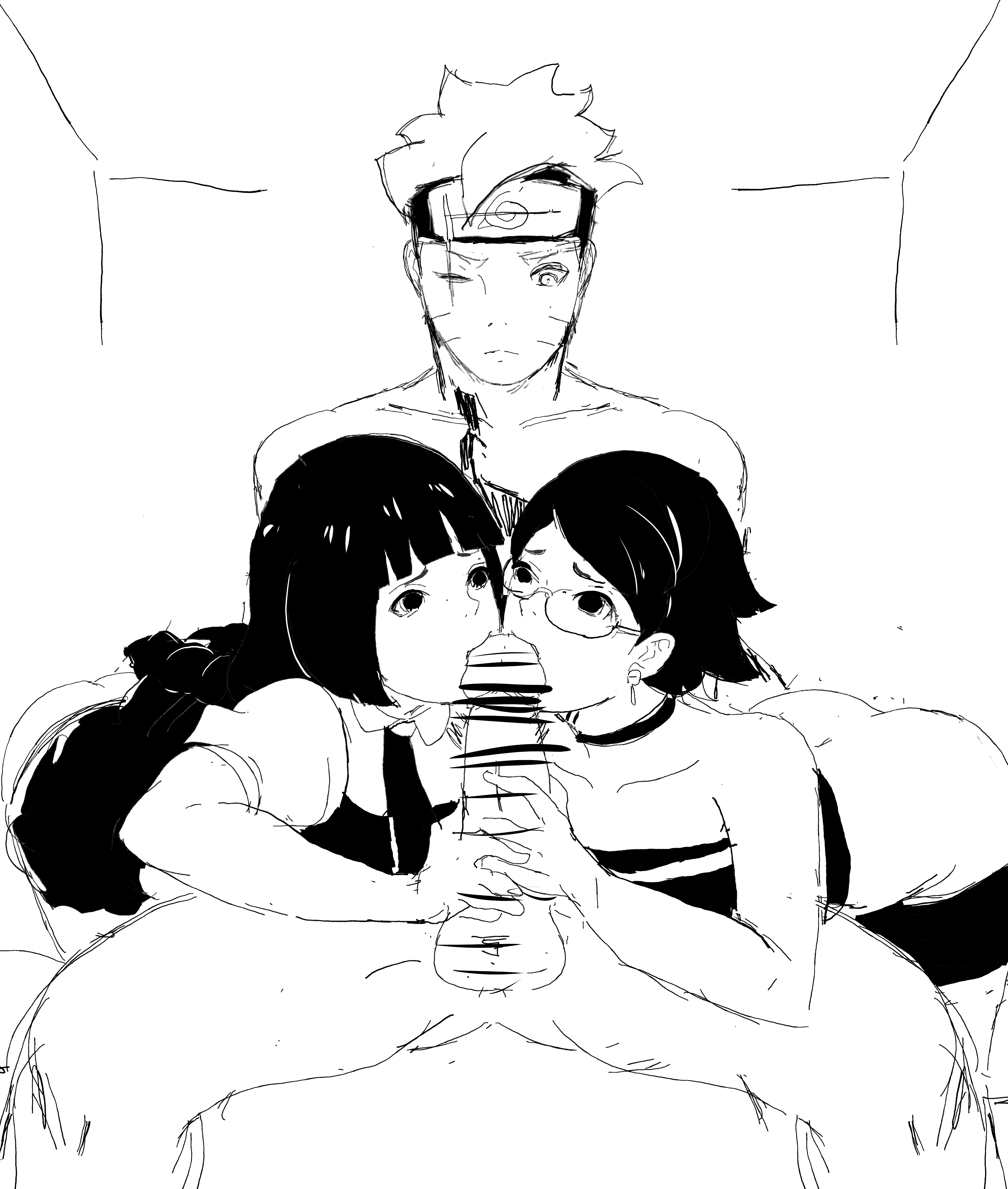 1boy, 2girls, black and white, blowjob, boruto: two blue vortex, censored, censored penis, clothed, clothed sex, fellatio, female, handjob, handjob while sucking, human, kakei sumire, licking penis, lickliking, male, monochrome, multiple females, multiple girls, naruto, naruto (series), oral, oral sex, penis, sarada uchiha, teenage female, teenage male, teenager, threesome, uzumaki boruto
