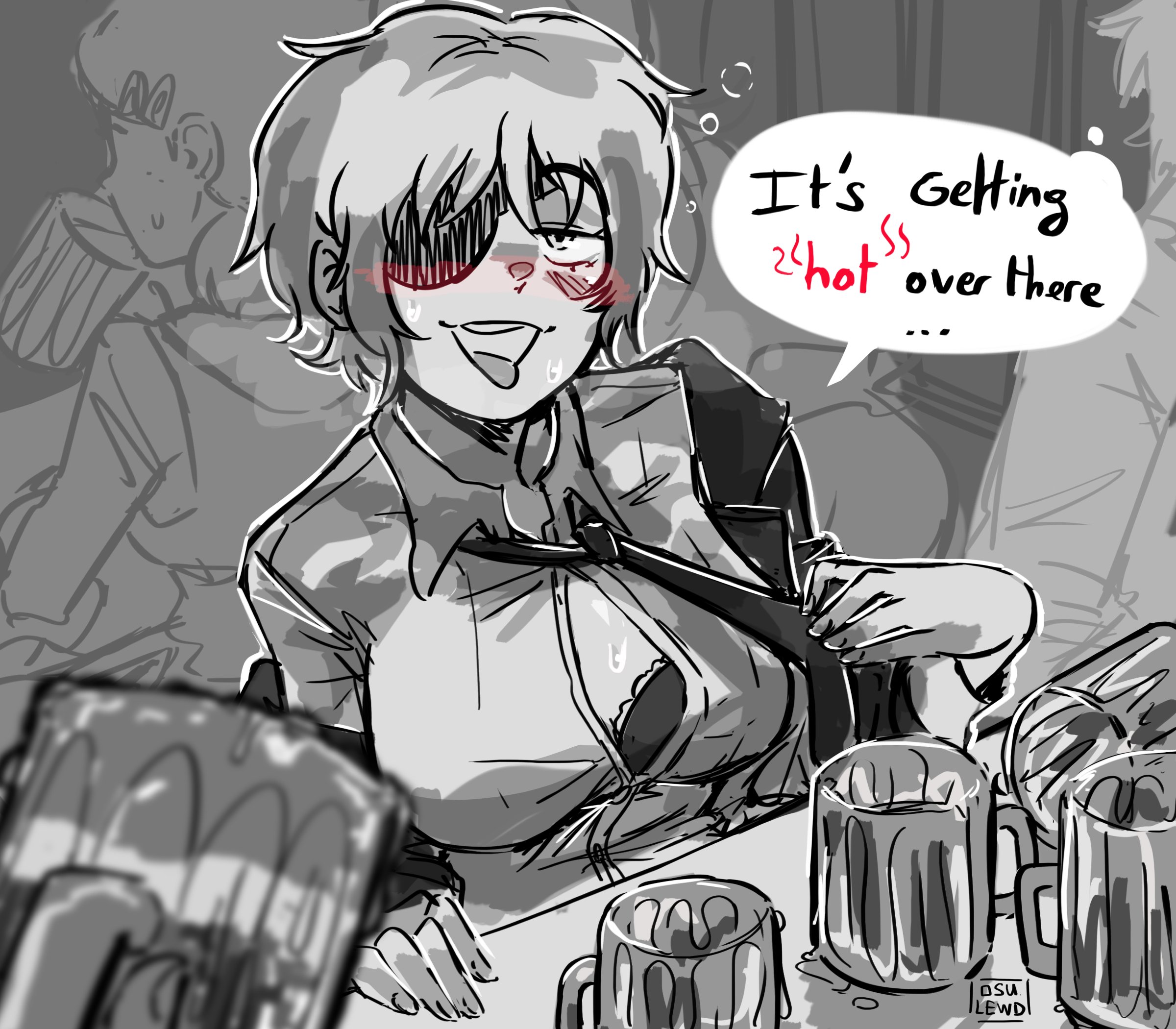 alcohol, beer, beer glass, blush, bra, breasts, chainsaw man, clothed, clothing, dress shirt, drunk, eager, eyepatch, female, female only, himeno (chainsaw man), inviting, inviting to sex, necktie, osulan, osulewd, public, public exposure, public indecency, showing breasts, tagme, teasing
