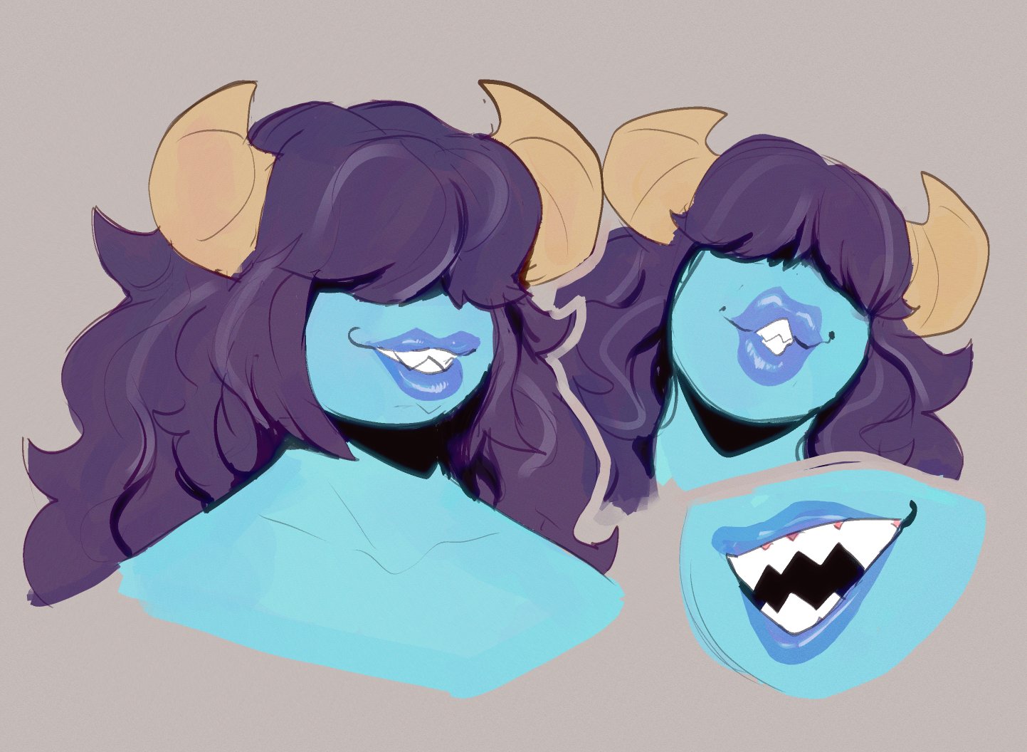 1girls, bangs, bangs over eyes, blue skin, bust portrait, concept art, dandy demons, demon, fangs, female, female focus, horns, lips, lipstick, long hair, mature female, milf, mouth, open mouth, peculiart, seductive, sharp teeth, smile, smiling, solo, solo female, succubus, sue (peculiart)
