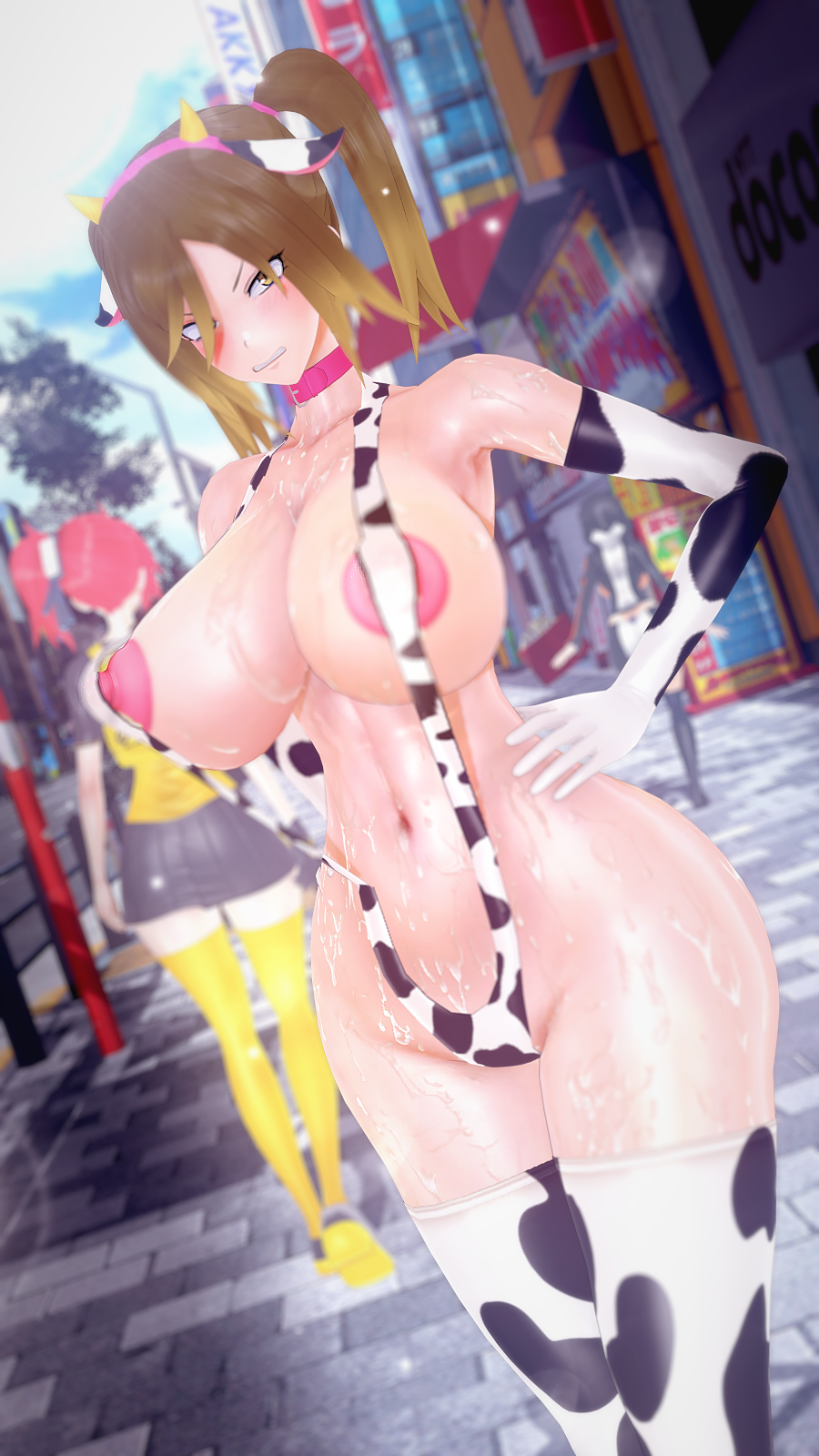 3d 3girls ami_aiba apuri cow_print digimon digimon_story digimon_story:_cyber_sleuth female female_only human makiko_date police policewoman public public_exposure yuuko_kamishiro