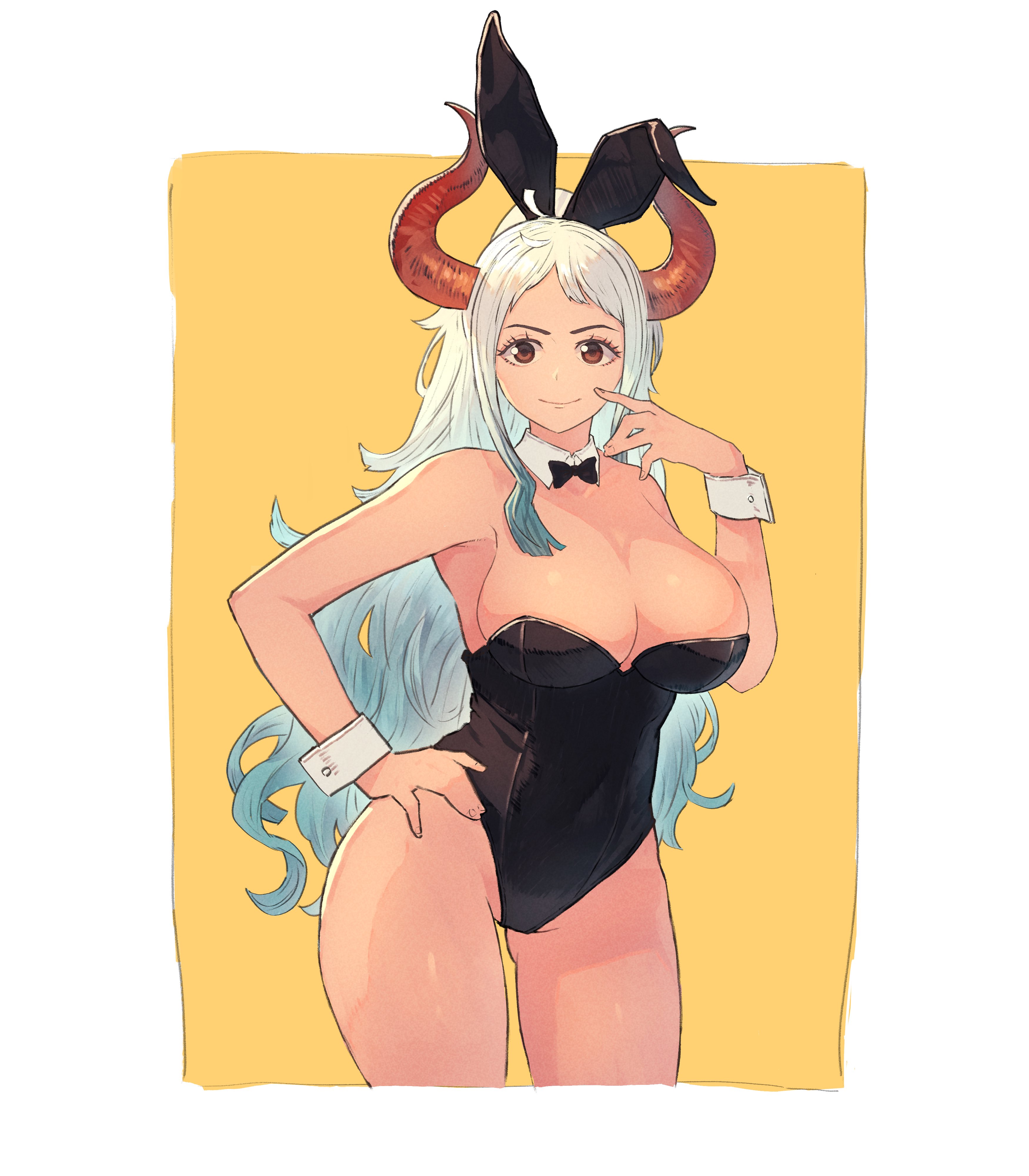 1girls, black leotard, blue hair, bowtie, breasts, brown eyes, bunny ears, bunnysuit, chagallkun, detached collar, fake animal ears, female, female only, hand on hip, horns, large breasts, leotard, long hair, looking at viewer, one piece, playboy bunny, two-tone hair, white hair, white-haired female, wrist cuffs, yamato (one piece)