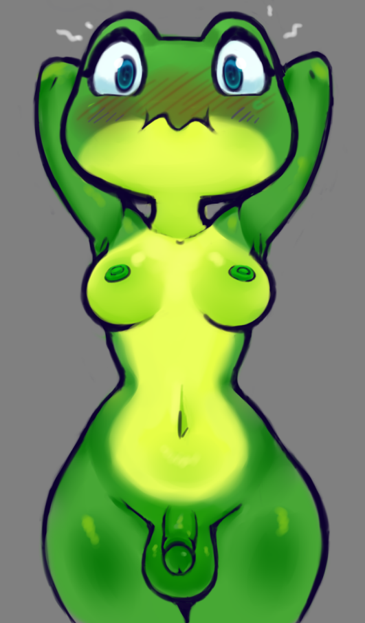 1futa amphibian anthro areolae balls blue_eyes blush bottom_heavy breasts embarrassed flaccid frog futa_only futanari futanura_(frogmhoncho) green_nipples humanoid_penis nebssik nipples nude penis scalie small_breasts small_penis solo standing thick_thighs wavy_mouth wide_hips