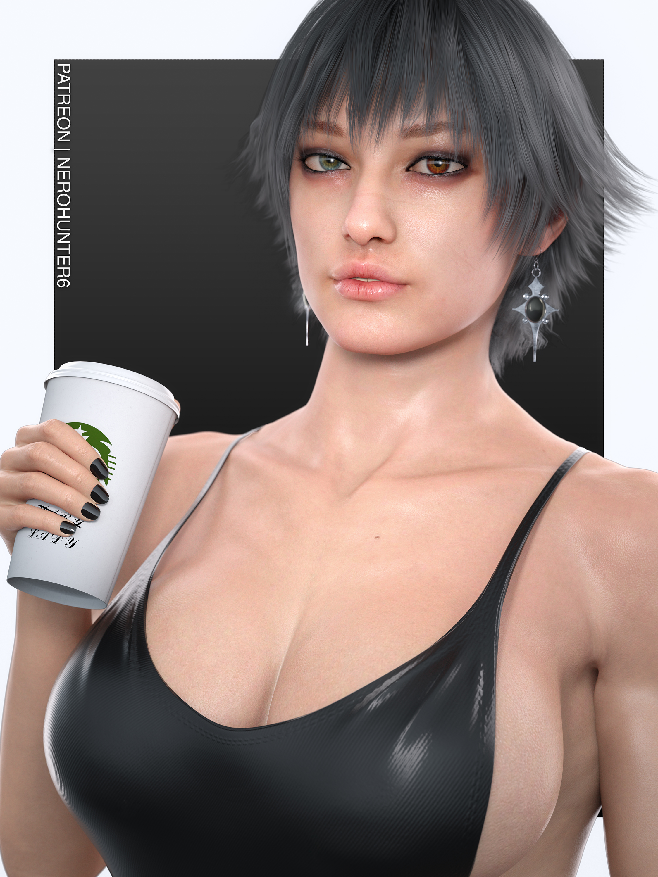 1girls, 3d, abs, absurdres, ass, big ass, big breasts, black hair, black nail polish, black nails, bra, breasts, capcom, coffee, coffee cup, devil may cry, devil may cry (series), devil may cry 5, female, female only, fit, fit female, gym, heterochromia, highres, lady (devil may cry), muscular, muscular female, nail polish, nerohunter6, panties, realistic, short hair, solo, solo female, starbucks, thick thighs, tights, tomboy, toned, toned female