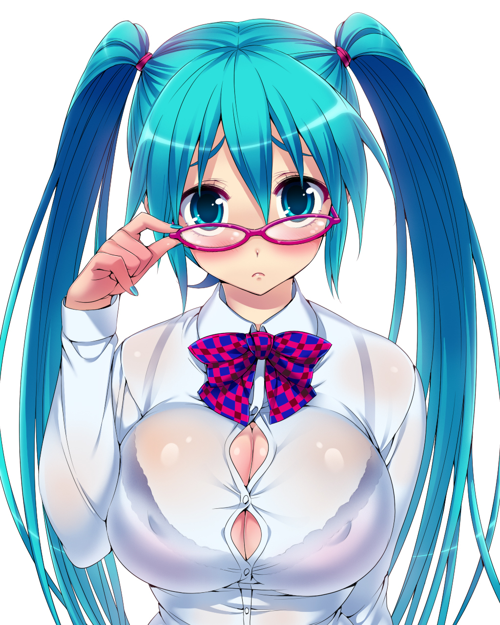 :< adjusting_glasses aqua_eyes aqua_hair blue_eyes blue_hair blush bow bowtie bra breasts bursting_breasts cleavage erect_nipples eyewear female glasses hatsune_miku high_res highres hisashi hisashi_(nekoman) hisasi huge_breasts large_breasts lingerie long_hair megane nail_polish oppai pink-framed_glasses ribbon see-through sheer simple_background solo straining_buttons tied_hair tight_clothes twintails underwear vocaloid