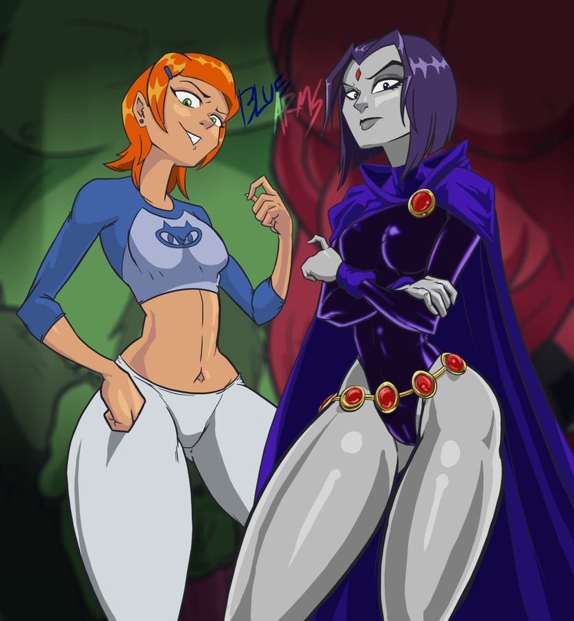 2boys 2girls beast_boy ben_10 blue-moonarms crossover dc dc_comics female female_focus fourarms fully_clothed gwen_tennyson looking_at_viewer male multiple_boys multiple_girls rachel_roth raven_(dc) teen_titans