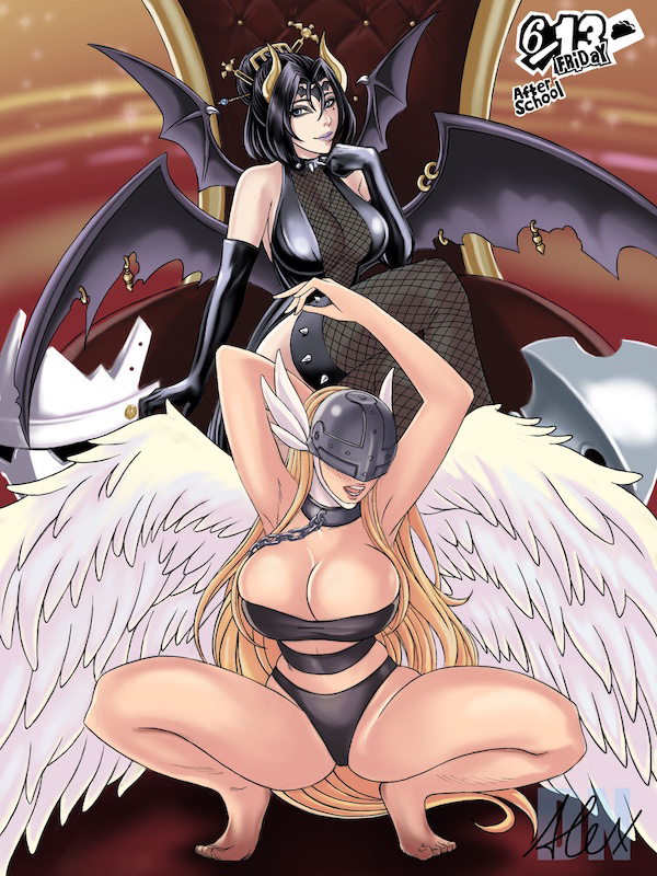 2girls 4_wings 8_wings angel angel_(megami_tensei) angel_(megami_tensei)_(cosplay) angel_wings angewomon black_hair blonde_hair crossover crossover_cosplay demon demon_girl demon_wings digimon digimon_(species) dmnalex female female_only human lilithmon long_hair megami_tensei pale_skin persona persona_5 shin_megami_tensei short_hair succubus succubus_(megami_tensei) succubus_(megami_tensei)_(cosplay)