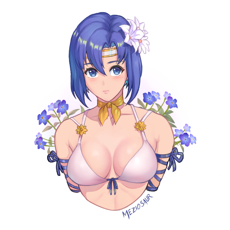 1girls alternate_costume artist_name bikini blue_eyes blue_hair breasts catria_(fire_emblem) cleavage closed_mouth collarbone female female female_only fire_emblem fire_emblem:_mystery_of_the_emblem fire_emblem:_shadow_dragon_and_the_blade_of_light flower hair_flower hair_ornament large_breasts lips looking_at_viewer meziosaur nintendo short_hair simple_background solo swimsuit upper_body white_background white_bikini white_swimsuit