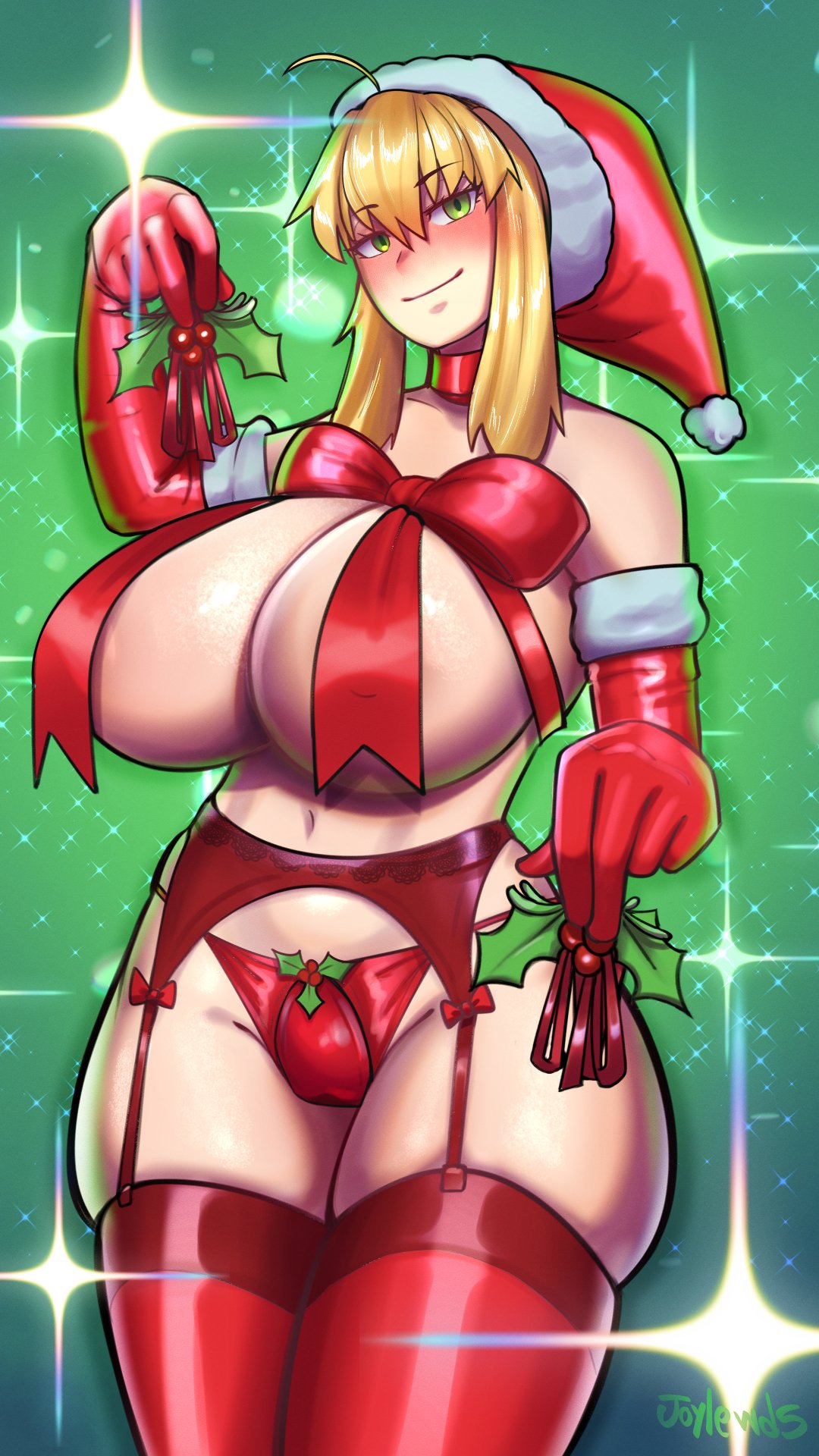 1girls ahoge artoria_pendragon artoria_pendragon_(lancer) blonde_hair breasts christmas fate/grand_order fate_(series) female garter_belt garter_straps green_eyes hips huge_breasts joylewds light-skinned_female light_skin long_hair santa_hat thick_thighs thighhighs thighs wide_hips