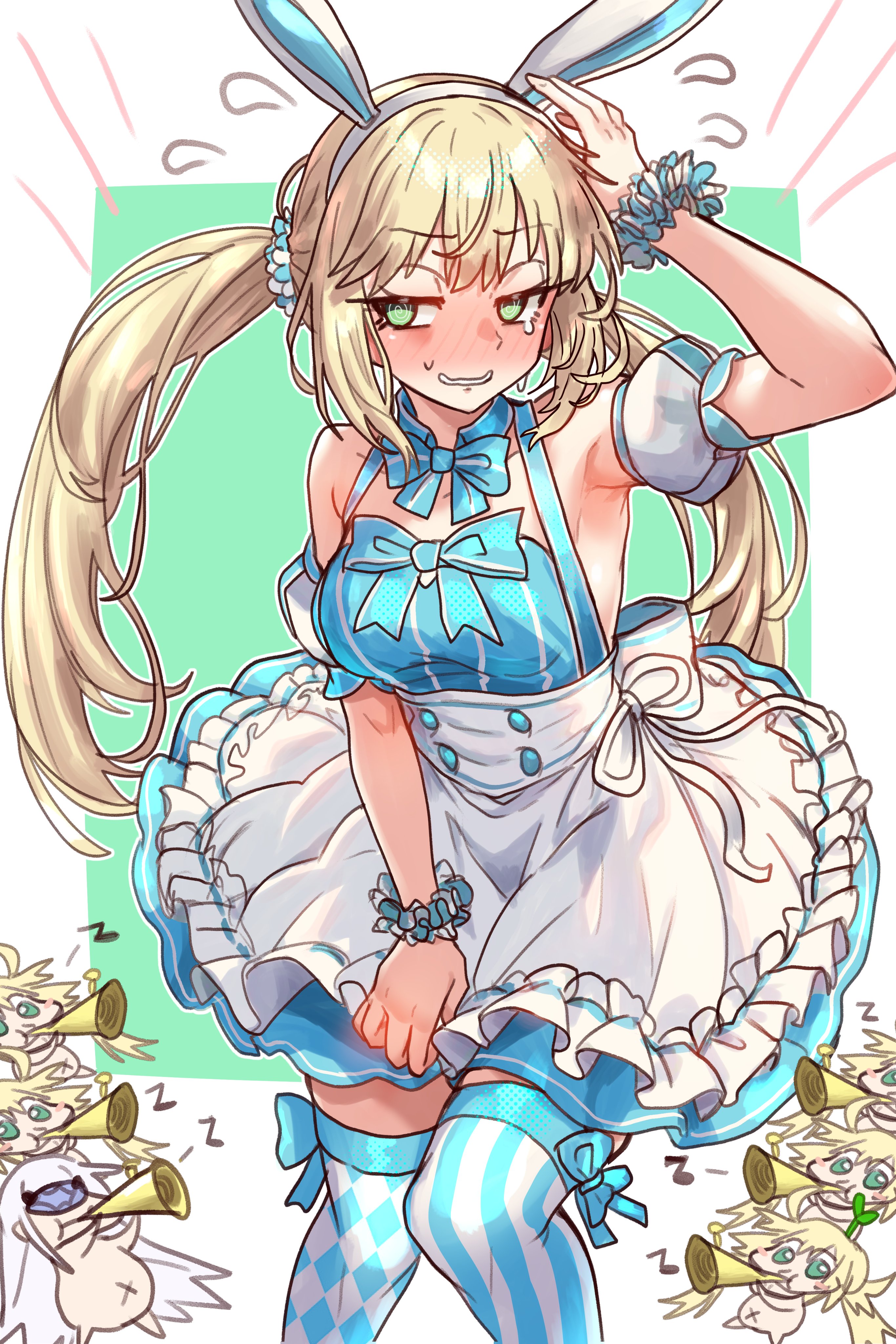 1girls, artoria caster (fate), artoria pendragon, artoria pendragon (caster), blonde hair, blush, breasts, bunny ears, dress, ebora, fate (series), fate/grand order, female, green eyes, hi res, light skin, light-skinned female, long hair, medium breasts, naughty face, thighhighs, thighs, twintails, youngmanisdown