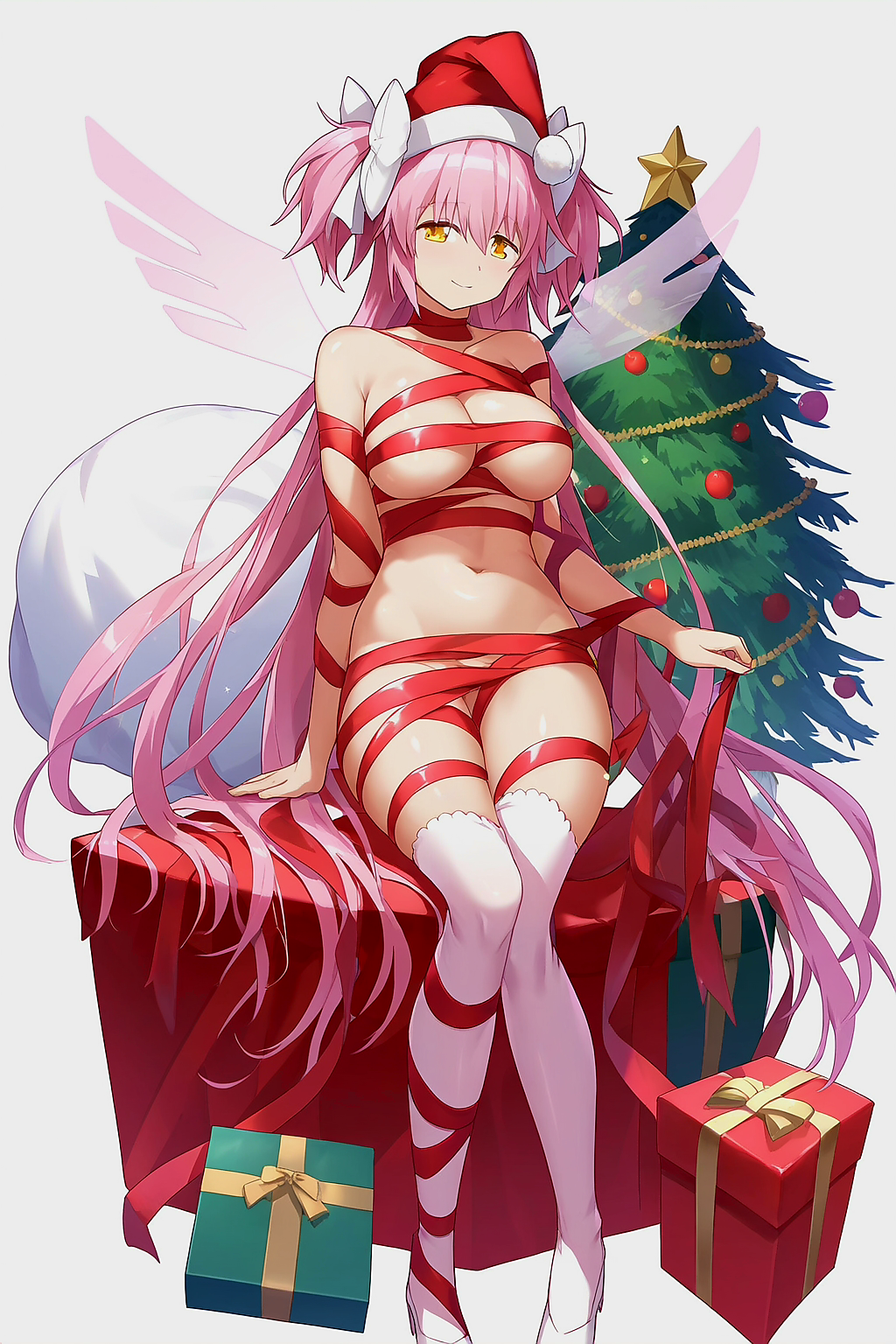 ai_generated christmas christmas_tree female female_only gift goddess hair_ribbon long_hair looking_at_viewer madoka_kaname madoka_worship magical_girl mahou_shoujo_madoka_magica pink_eyes pink_hair puella_magi_madoka_magica red_ribbon ribbon ribbons simple_background solo solo_female thick_thighs tied_up twintails ultimate_madoka very_long_hair white_background wings wrapped yellow_eyes