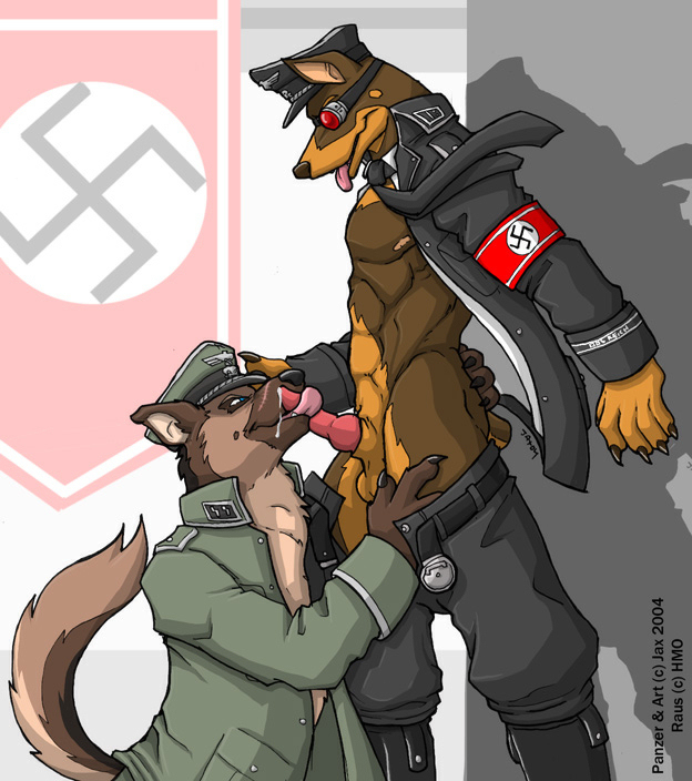 anthro armband boots canine cum fellatio gay goggles jax_the_bat male nazi necktie oral oral_sex penis sex standing swastika tongue tongue_out uniform