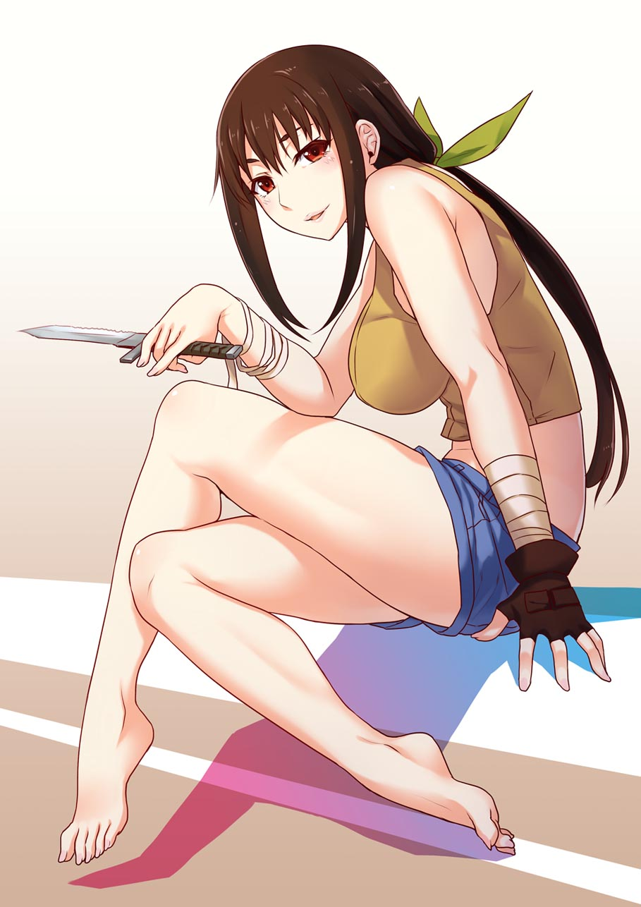 1girls aged_up bandages barefoot blush breasts brown_hair crossed_legs feet fingerless_gloves full_body gloves hachikuji_mayoi hair_ribbon knife large_breasts legs long_fingernails long_nails looking_at_viewer monogatari_(series) pink_nails ponytail red_eyes ribbon shorts sitting smile solo toes zhen_lu