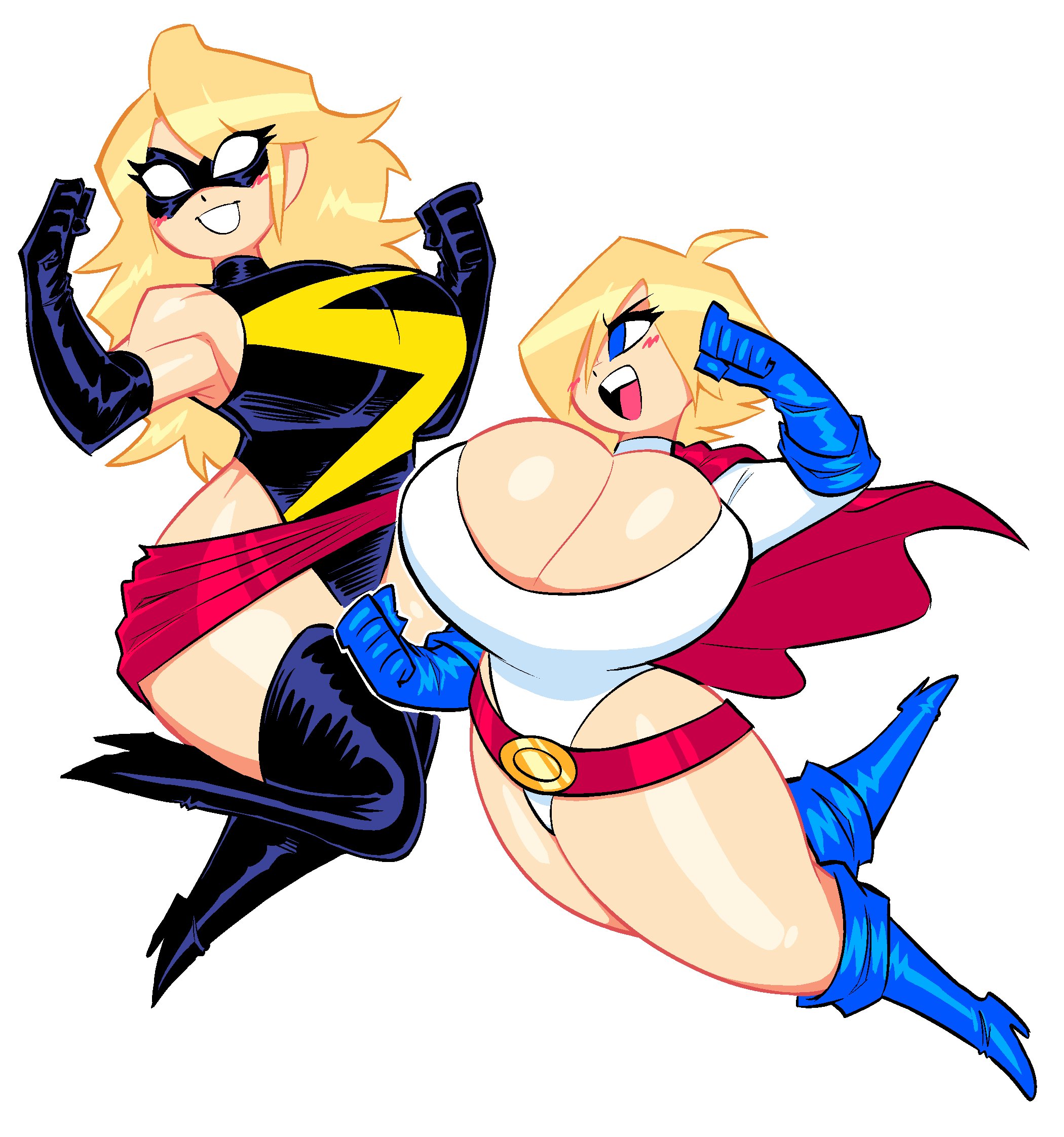 2girls, big breasts, blonde hair, boob window, boots, breasts, carol danvers, cleavage, clothed, dc, dc comics, dc vs. marvel, female, female only, giant breasts, hair over one eye, huge breasts, ilikestuffdoyou, kara zor-l, leotard, marvel, marvel comics, ms. marvel, ms. marvel (carol danvers), multiple females, multiple girls, no bra, no underwear, power girl, sideass, sideboob, superman (series), theguywhodrawsalot, thick thighs, thigh boots, thighs