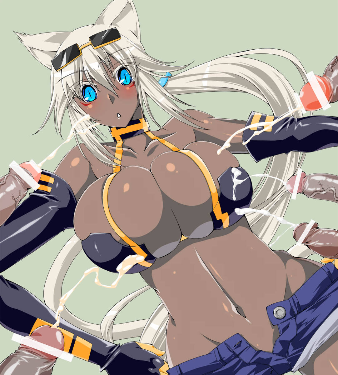 animal_ears aqua_eyes bare_shoulders breasts bukkake cat_ears cleavage cum dark_skin denim denim_shorts ejaculation elbow_gloves gloves high_resolution huge_breasts kaiten_muten-maru penis shamu_meruruusa short_shorts shorts tail white_hair