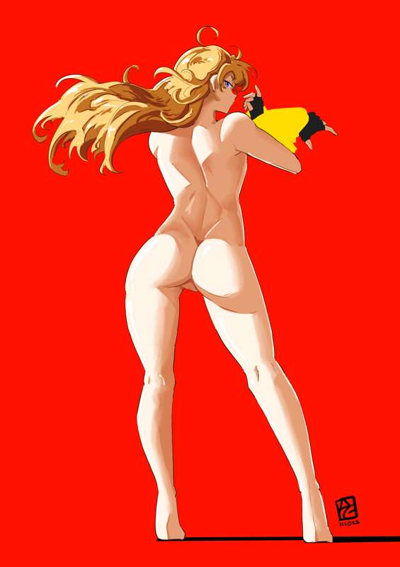 1girls, ass, ass focus, automatic giraffe, barefoot, bubble ass, bubble butt, casual, feet, female, foot fetish, human, large ass, looking at viewer, looking back, nude, nude female, pale skin, red background, rwby, simple background, solo, solo female, thick ass, toes, yang xiao long