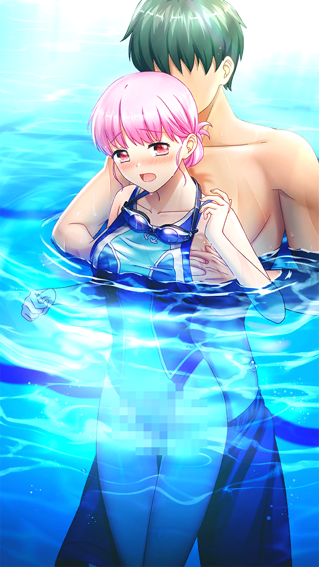 1boy bare_arms bare_legs black_hair blue_one-piece_swimsuit blush breasts censored collarbone competition_swimsuit doukyuusei doukyuusei_another_world female game_cg grabbing grabbing_another's_breast grabbing_from_behind hand_under_clothes male_swimwear_pull medium_breasts mosaic_censoring official_art one-piece_swimsuit open_mouth partially_submerged pink_hair pool red_eyes sakuragi_mai sex sex_from_behind short_hair stealth_sex straight swimsuit thigh_gap