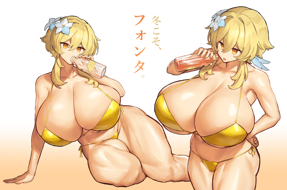 1girls, alternate body type, alternate breast size, big breasts, bikini, blonde hair, breasts, drink, eyebrows visible through hair, female, flower, genshin impact, huge breasts, japanese text, light skin, light-skinned female, lumine (genshin impact), melon22, simple background, solo, tagme, thick thighs, thighs, voluptuous, voluptuous female, wide hips, yellow eyes