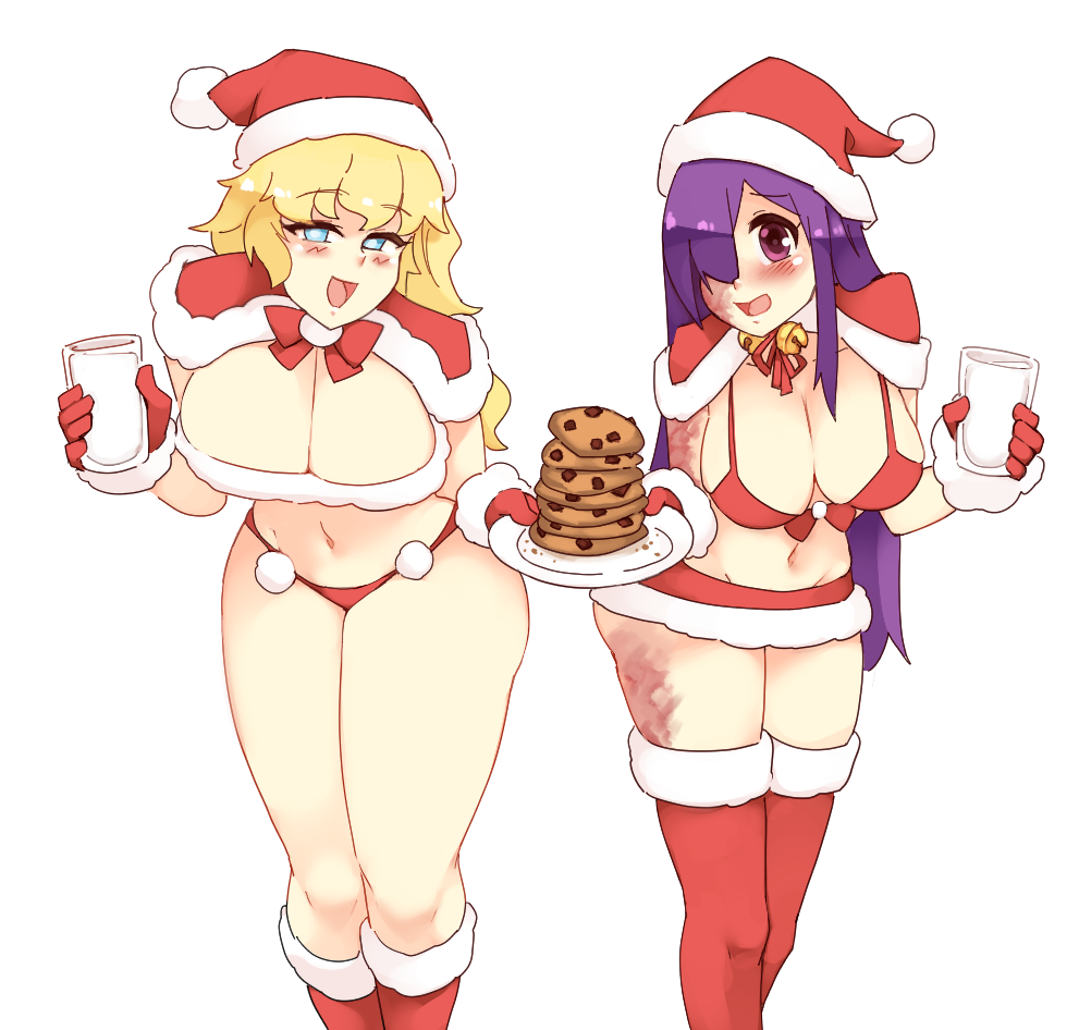 2023 2girls bell blind blonde_hair blue_eyes blush burn_scar cape christmas cookie female female_only hair_over_one_eye ikezawa_hanako katawa_shoujo large_breasts leaning_forward light-skinned_female light_skin long_hair looking_at_viewer milk open_mouth purple_eyes purple_hair rtil santa_costume santa_hat satou_lilly scar smile stockings thighhighs