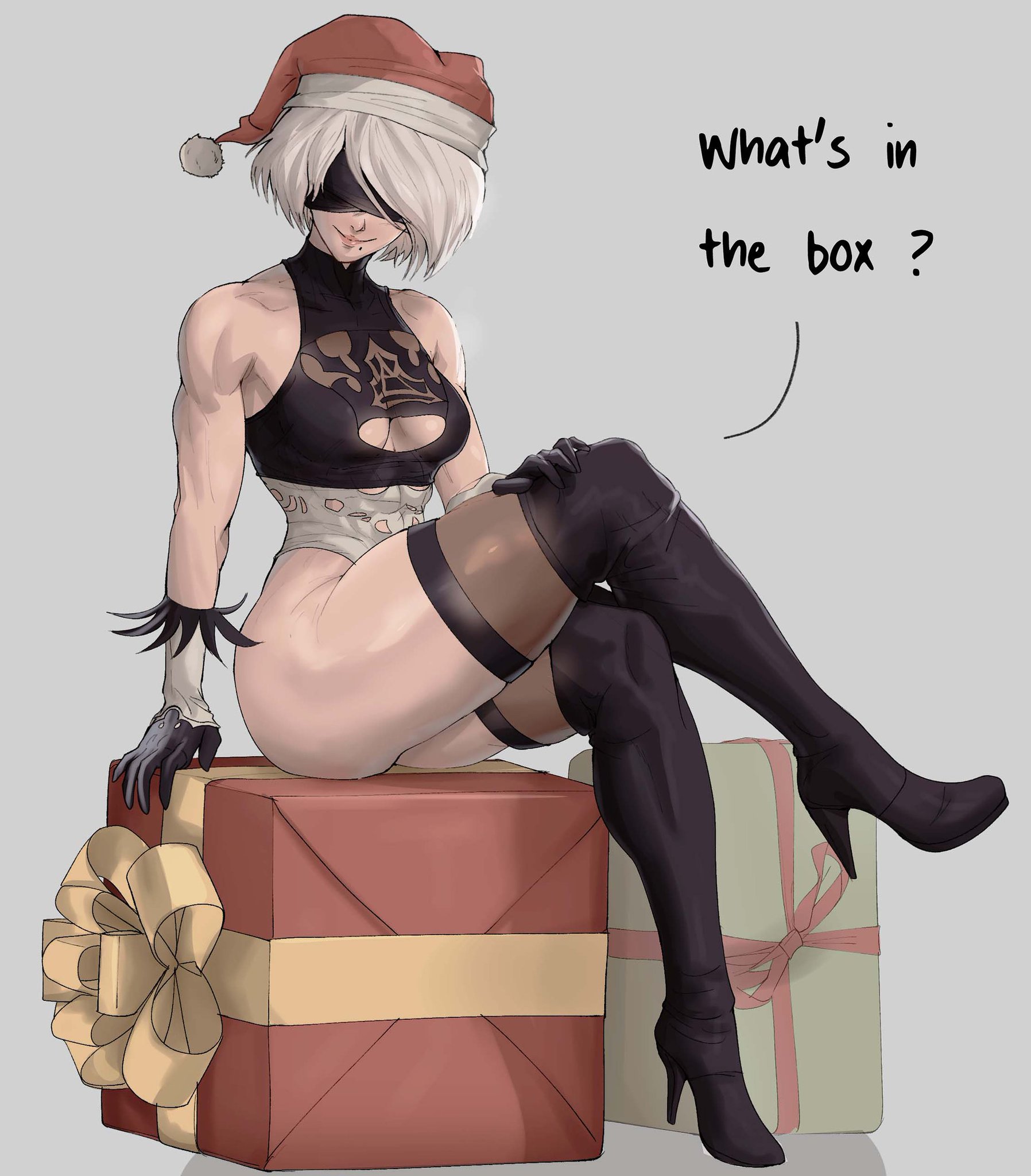 1girls, ass, ass visible through thighs, bare arms, black blindfold, blindfold, christmas, christmas hat, christmas present, cleavage, crossed legs, english text, female, gloves, grey hair, hand on own leg, high heels, highleg, highleg leotard, large ass, large butt, leotard, looking at viewer, mole under mouth, muscular, muscular arms, muscular female, muscular thighs, nier (series), nier: automata, short hair, sitting, smile, thick thighs, thighhighs, yoracrab, yorha 2b