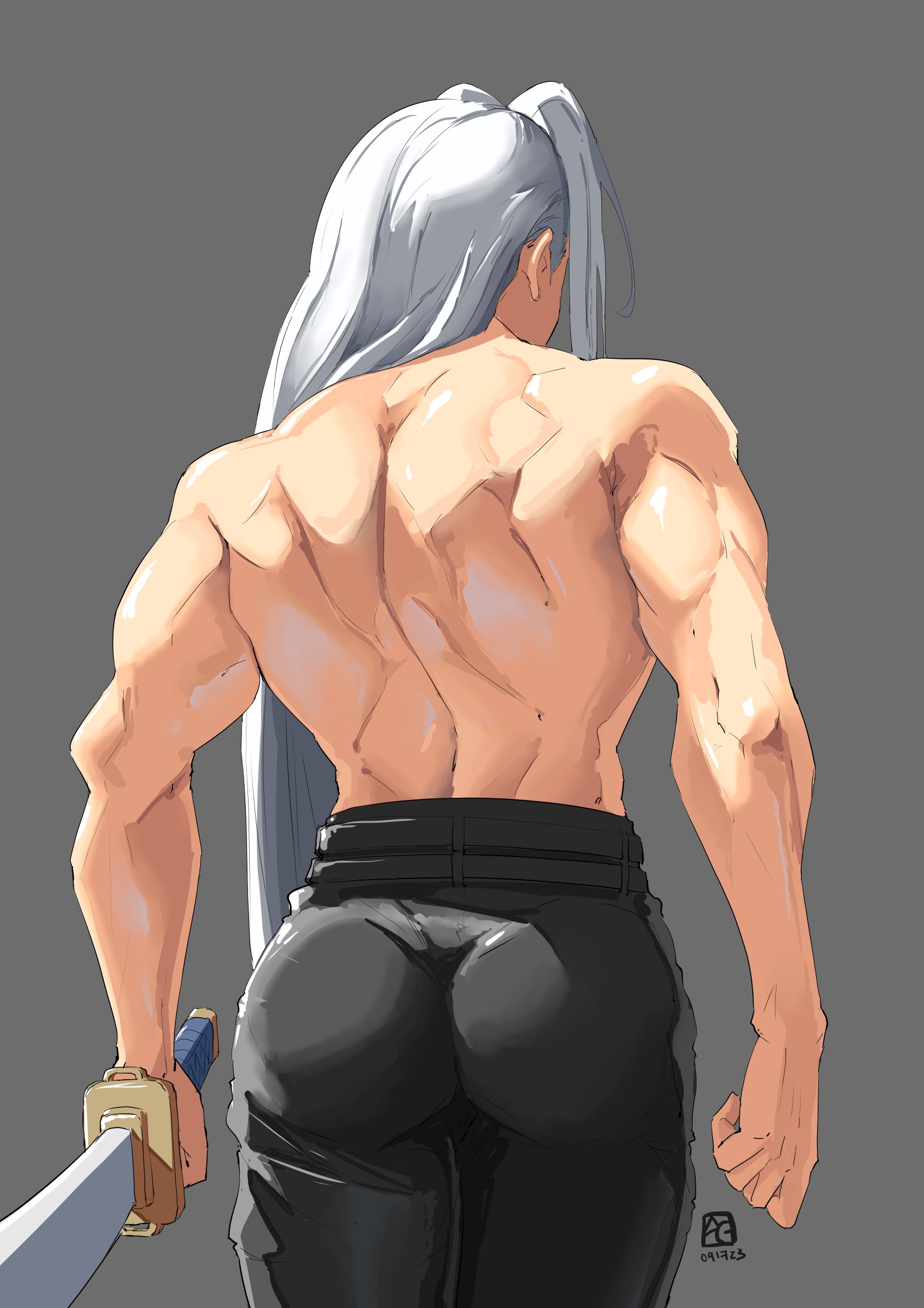 1boy, absurd res, ass, automatic giraffe, back muscles, back view, big ass, bubble ass, bubble butt, final fantasy, final fantasy vii, final fantasy vii remake, grey background, highres, large ass, long hair, looking away, male, male only, muscles, muscular, muscular male, sephiroth, simple background, solo, solo male, square enix, sword, tight clothing, video game, video game character, video games