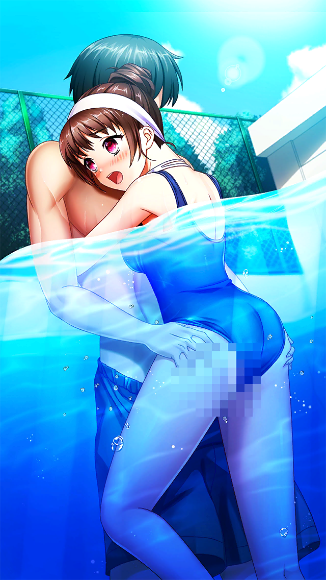 1boy ass_grab black_hair blue_one-piece_swimsuit blush breast_press brown_hair censored day doukyuusei_another_world female fence from_below game_cg headband hug kakyuusei male_swimwear_pull mosaic_censoring official_art one-piece_swimsuit open_mouth outdoors partially_submerged partially_underwater_shot pool red_eyes school_swimsuit sex short_hair stealth_sex straight swimsuit underwater underwater_sex updo water white_headband yuuki_mizuho