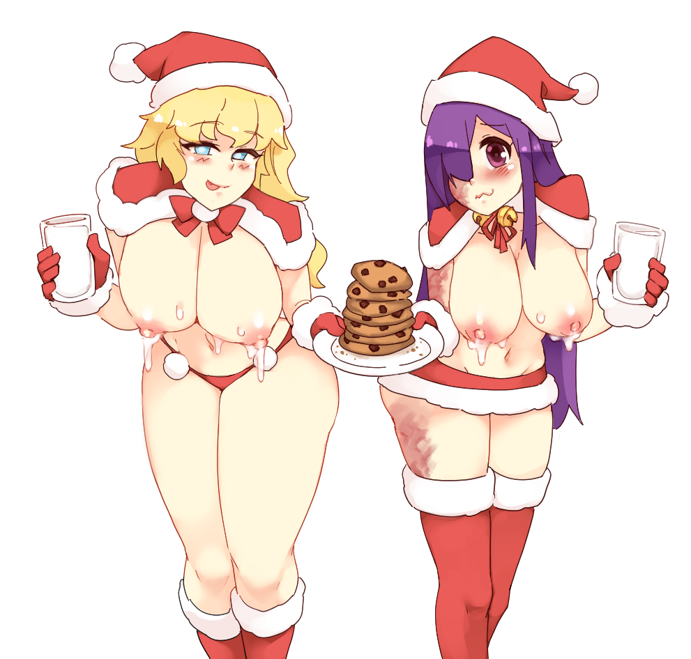 2023 2girls :p bell blep blind blonde_hair blue_eyes blush burn_scar cape christmas cookie female female_only hair_over_one_eye ikezawa_hanako katawa_shoujo lactation large_breasts leaning_forward light-skinned_female light_skin long_hair looking_at_viewer milk nipples purple_eyes purple_hair rtil santa_costume santa_hat satou_lilly scar smile stockings thighhighs tongue tongue_out wavy_mouth