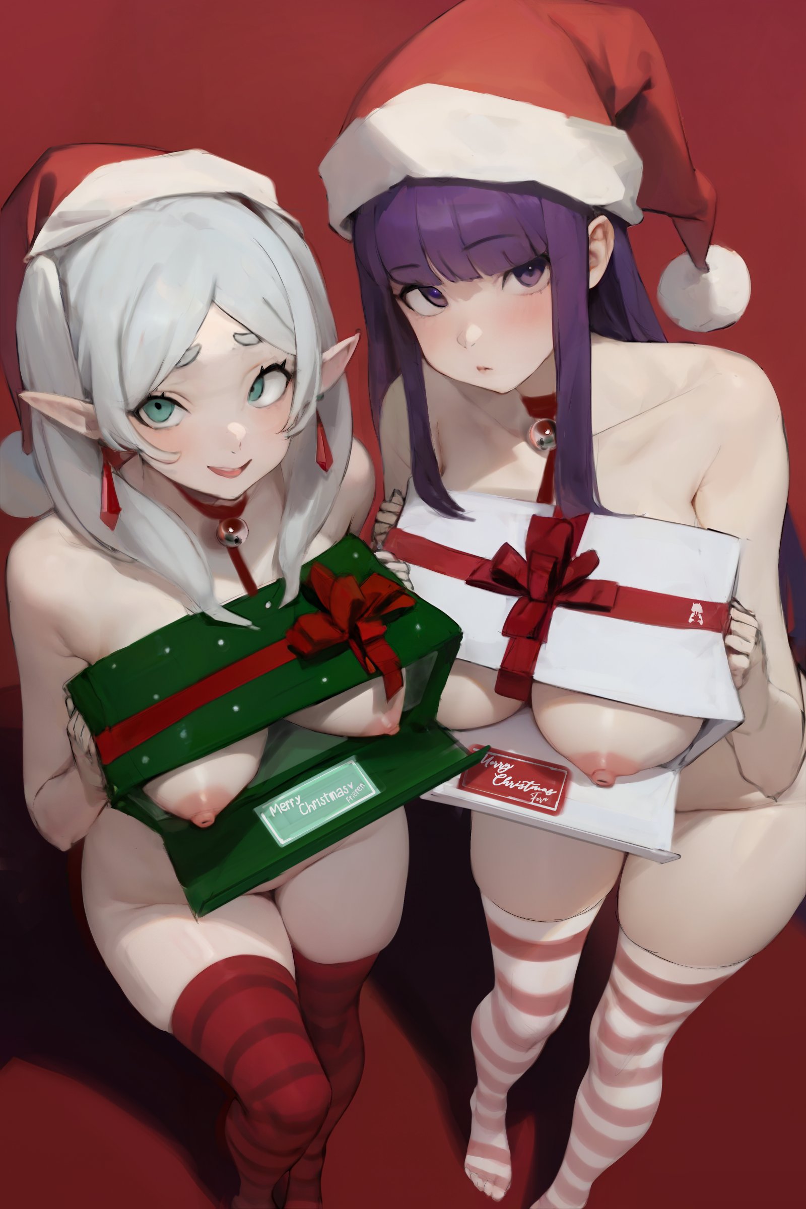 2girls, breast size difference, breasts, christmas, elf, elf ears, elf female, female, female only, fern (sousou no frieren), frieren, green eyes, height difference, hi res, horny, huge breasts, long hair, medium breasts, multiple females, multiple girls, nipples, pointy ears, purple eyes, purple hair, smewed, sousou no frieren, stockings, white hair