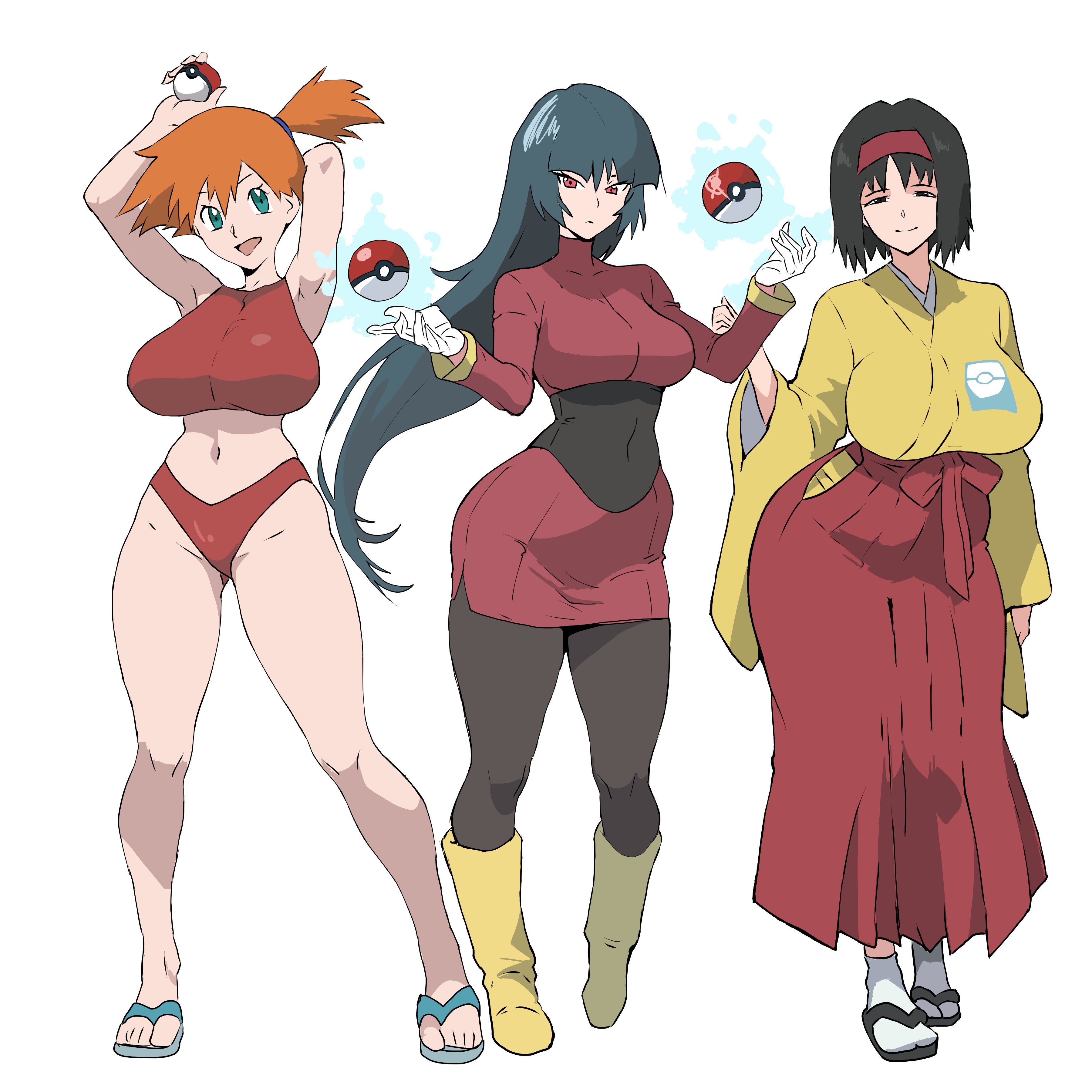 3girls, aqua eyes, arm, armpits, arms up, asymmetrical hair, bangs, bikini, bikini bottom, black bodysuit, black hair, blunt bangs, bodysuit, bodysuit under clothes, boots, breasts, busty, closed mouth, clothing, covered navel, crop top, cropped jacket, erika (pokemon), female, floating, footwear, gloves, green eyes, group, gym leader, hairband, hakama, hakama skirt, headwear, holding, holding object, holding poke ball, huge breasts, jacket, kasumi (pokemon), kimono, large breasts, long hair, long sleeves, looking at viewer, ma0szeone, midriff, misty (pokemon), multiple girls, navel, open mouth, open-mouth smile, orange hair, pantyhose, pencil skirt, poke ball, poke ball (basic), poke ball print, poke ball theme, pokemon, pokemon (anime), pokemon (classic anime), pokemon rgby, ponytail, red bikini, red eyes, red hairband, red hakama, red skirt, red swimsuit, robe, sabrina (pokemon), sandals, shoes, short hair, side ponytail, side slit, skirt, smile, socks, standing, swimsuit, tabi, tank top, tankini, telekinesis, thighs, tied hair, traditional clothes, turtleneck, very long hair, wafuku, white gloves, wide hips, wide sleeves, yellow footwear, zouri