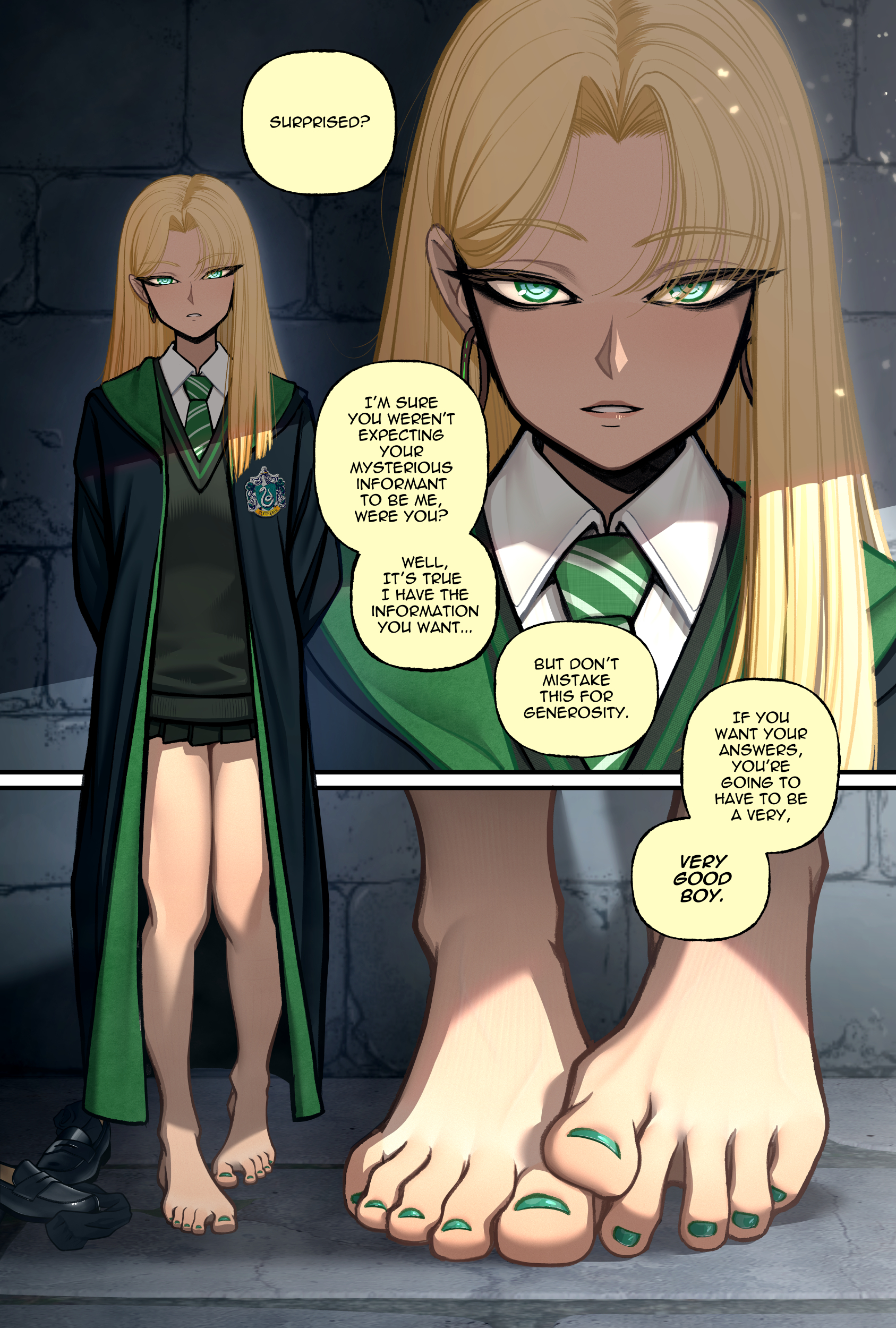 1girls, absurdres, bare legs, barefoot, blonde hair, commentary, curtained hair, draco malfoy, draco malfoy (redteneri), earrings, english commentary, english text, feet, feet only, female, female only, foot fetish, foot focus, genderswap, genderswap (mtf), green eyes, green toenails, harry potter (series), highres, hogwarts school uniform, hoop earrings, jewelry, kusujinn, light-skinned female, loafers, long hair, looking at viewer, parted bangs, school uniform, shoes, slytherin, socks, solo, speech bubble, spread toes, standing, toenails, toes, unworn shoes, unworn socks, wizarding world, yandere