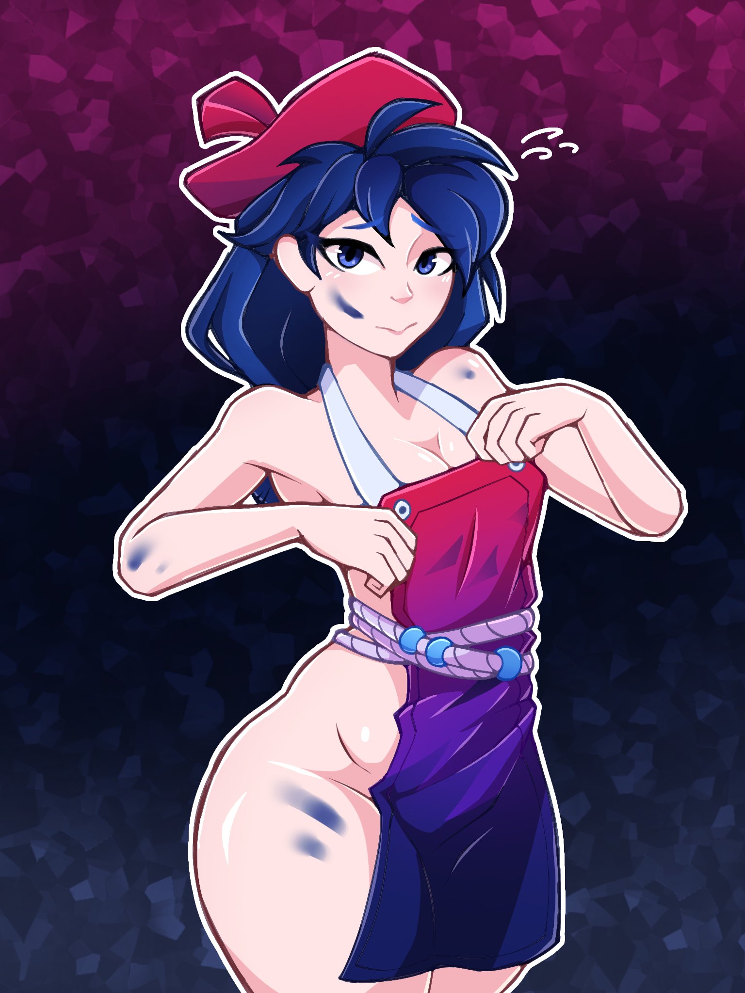 1girls, 2d, 2d (artwork), almost naked, apron, apron only, barely clothed, beret, blue eyes, blue hair, bottomless, cleavage, deadlock, female, female only, hosses21, light skin, light-skinned female, long hair, looking at viewer, paint, paint on body, shiny, shiny skin, solo, solo female, thick thighs, thighs, valve, violet (deadlock)