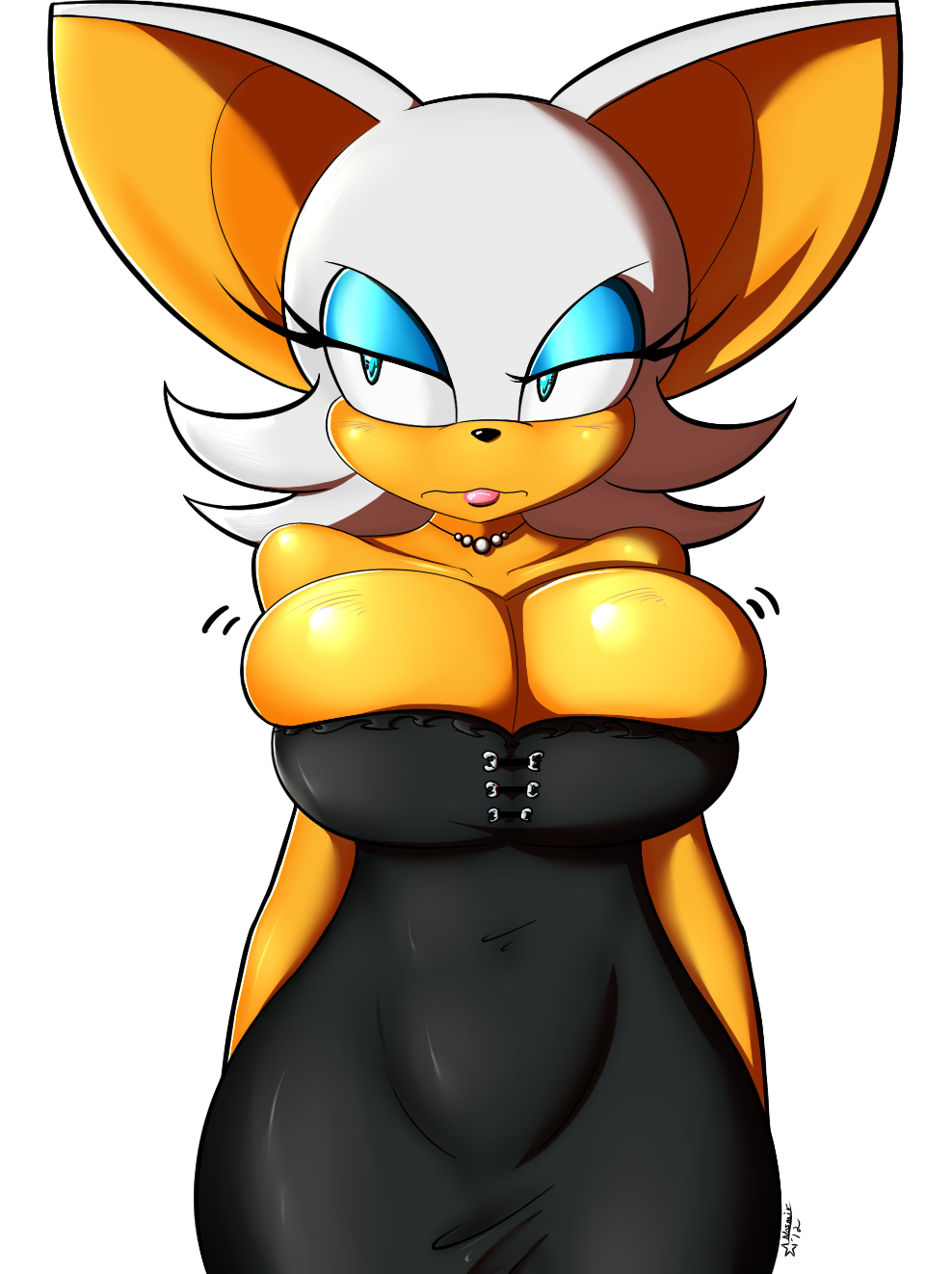about to burst, anthro, barely contained, barely contained breasts, barely fits, bat, big breasts, blue eyes, breasts, cleavage, clothed, clothing, dress, einaralsmer, female, female only, furry, imminent wardrobe malfunction, lipstick, mobian (species), rouge the bat, sega, solo, sonic (series), sonic the hedgehog (series), tight clothing, tight fit, tight fitting clothing