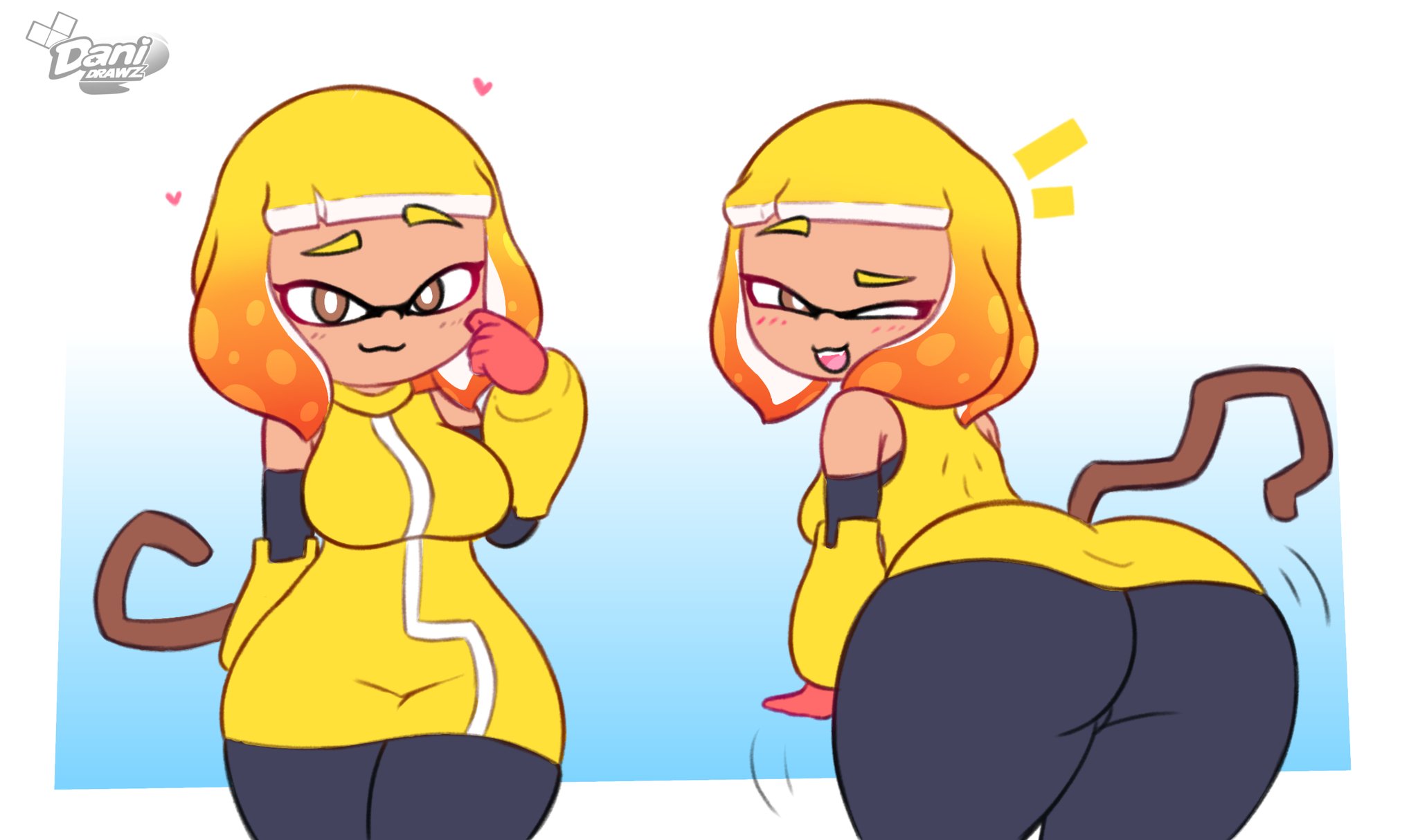 1girls, agent 4 (splatoon), artist name, ass, bare shoulders, blush, breasts, brown eyes, closed mouth, cosplay, danidrawz, gameoverse, glitch productions, gloves, inkling, inkling girl, kit (gameoverse) (cosplay), large ass, large breasts, looking at viewer, nintendo, one eye closed, open mouth, pants, short hair, splatoon, splatoon (series), splatoon 2, splatoon 2: octo canyon, tail, tentacle hair, thick thighs, thighs, wink, winking at viewer