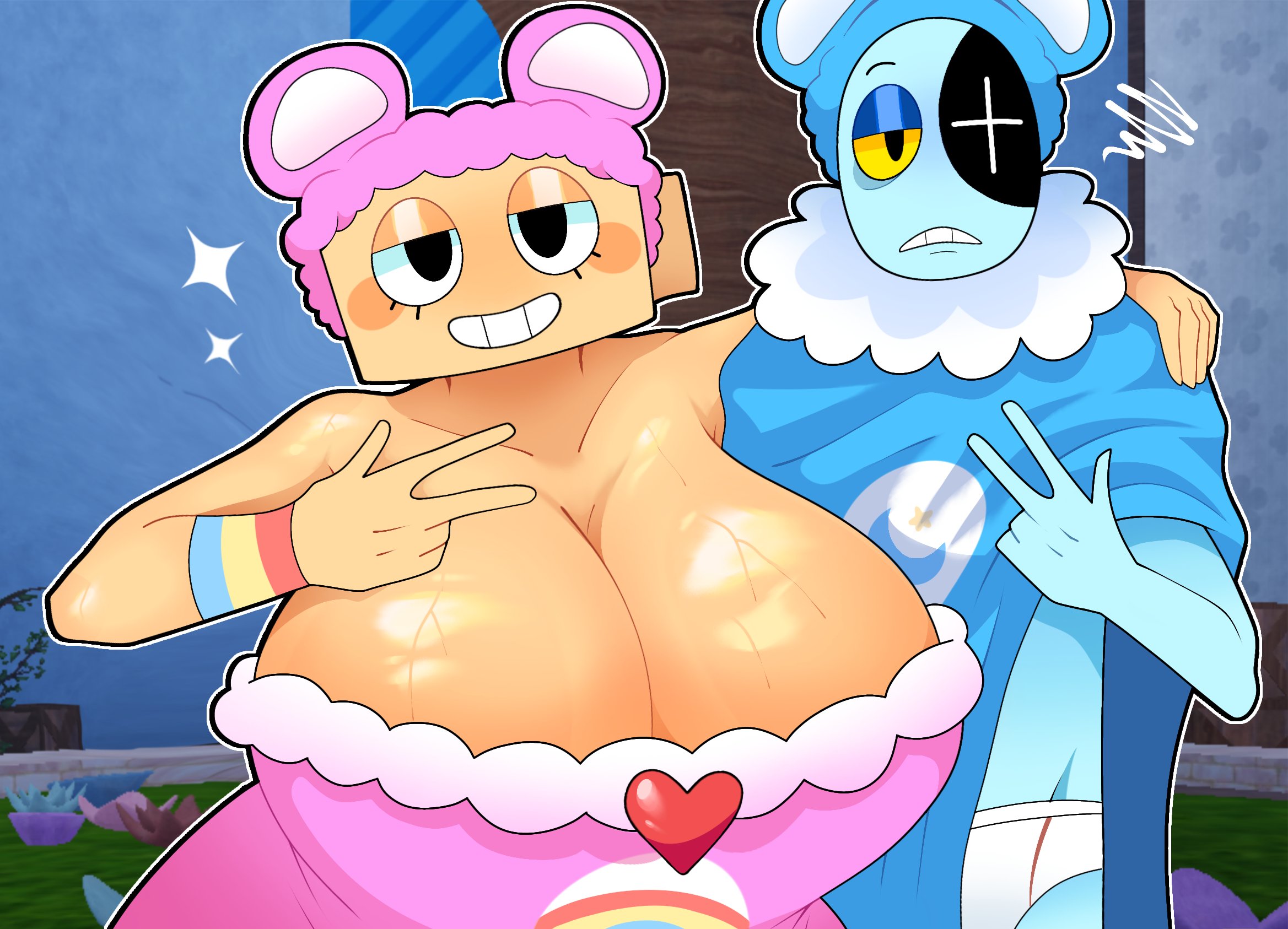 1boy, 1girls, anthro, artist request, astro (dandy's world), big boobs, big breasts, blue body, blue skin, boobs, breasts, dandy's world, looking at viewer, roblox, shelly (dandy's world), smile, smiling at viewer