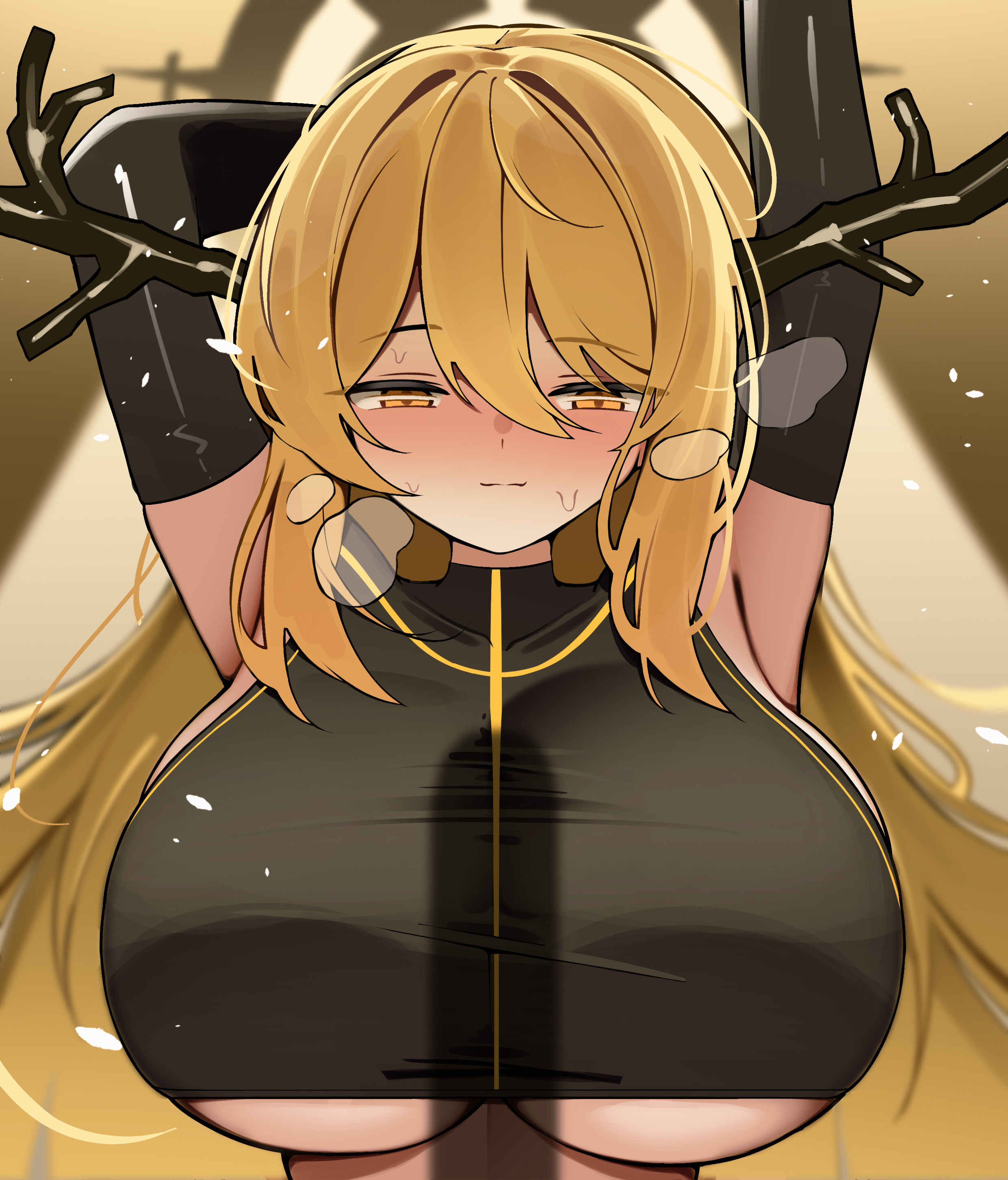 1boy, 1girls, armpits, blonde hair, blush, bodysuit, breasts, don quixote (limbus company), female, hair between eyes, horns, large breasts, limbus company, long hair, looking at viewer, looking down, male, naya643502, penis, penis shadow, project moon, shadow, very long hair, yellow eyes