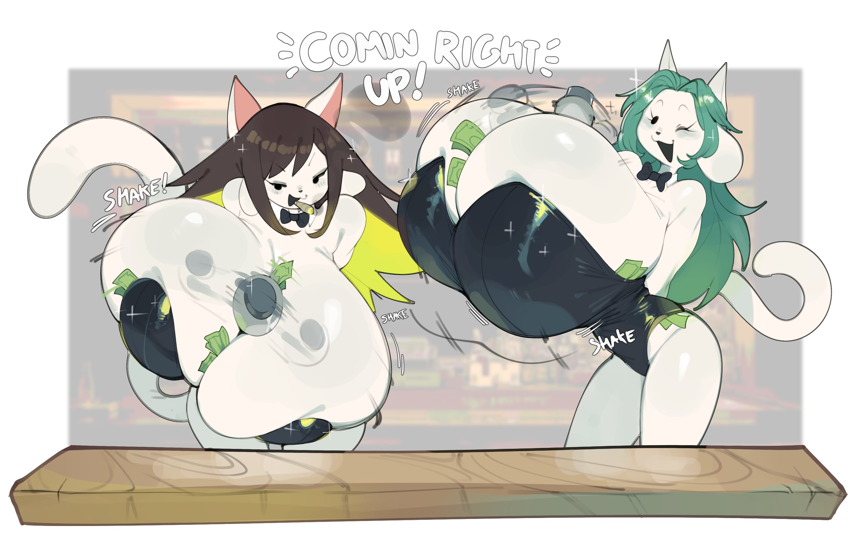 2girls, anthro, between breasts, big breasts, breasts, breasts bigger than head, breasts bigger than torso, brown hair, bulumble-bee, bunnysuit, busty, cleavage, clothing, dialogue, female, female only, furry, furry only, green hair, huge breasts, large breasts, looking at viewer, massive breasts, mixer, money, money under clothes, server, shaking, shaking breasts, tail, talking to viewer, temmie (species), temmie (undertale), text, thick thighs, top heavy, undertale, undertale (series), wide hips, wink, winking at viewer