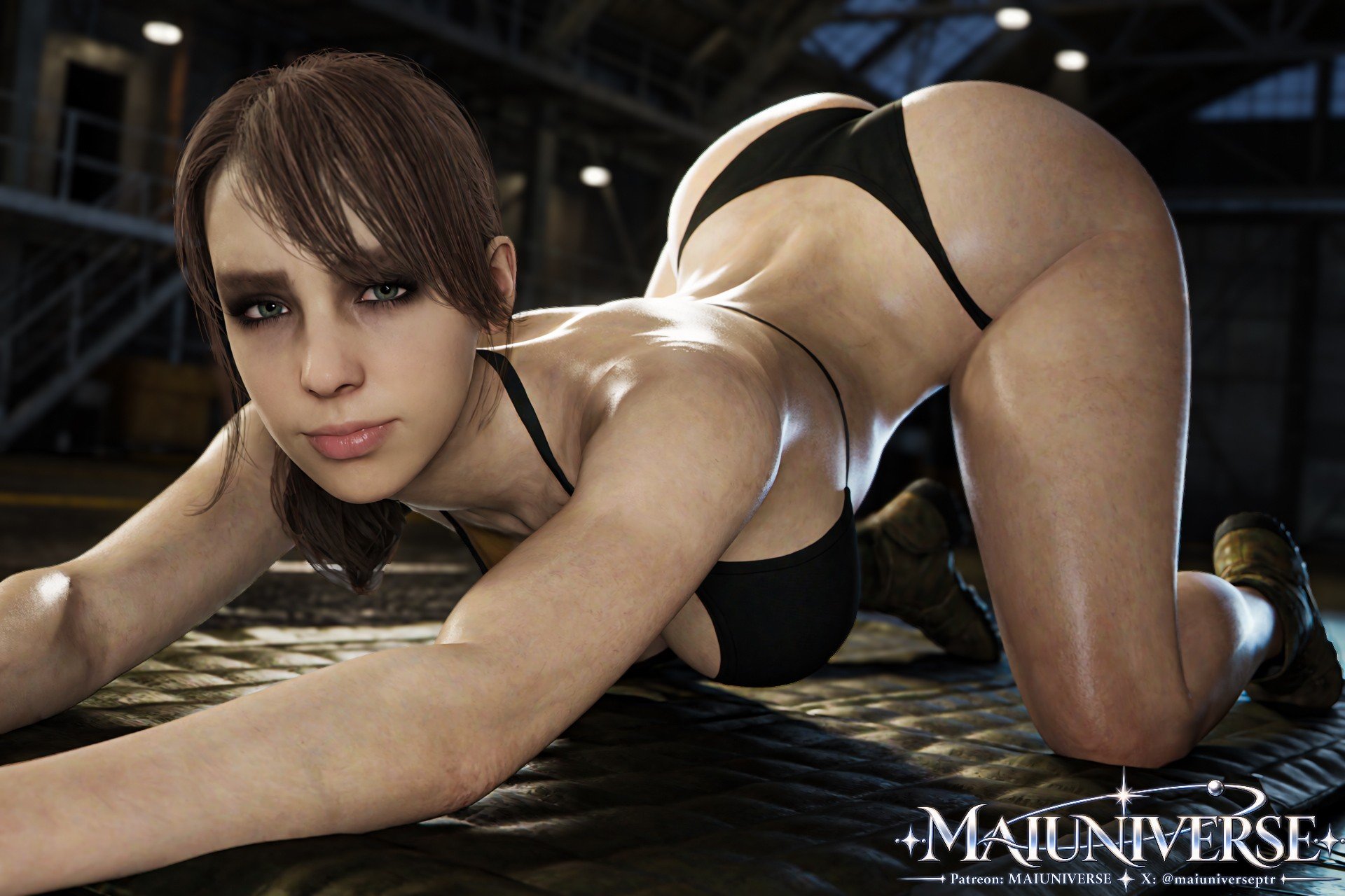 1girls, 2026, 3d, arched back, armpit crease, ass up, assassin, bent forward, bent over, big breasts, bikini, bikini bottom, bikini top, boots, breasts, brown hair, cell, child bearing hips, doggy position, doggy style, doggy style position, doggystyle, elbow gloves, eyeshadow, face down ass up, female, female only, functionally nude, gigantic ass, gloves, green eyes, hairless armpits, hourglass figure, hourglass figured female, indoors, jail, kneeling, kneeling on ground, large breasts, leaning forward, looking at viewer, maiuniverseart, mascara, metal gear solid, metal gear solid v, mismatched gloves, navel, piercing, pink lipstick, posing, posing for picture, posing for the viewer, pov eye contact, prisoner, quiet (metal gear), ripped leggings, side view, slim waist, solo, spread legs, stefanie joosten, tagme, thick ass, thick thighs, three-quarter view, tied hair, two piece swimsuit, video game character, video game franchise, wide hips, wide thighs