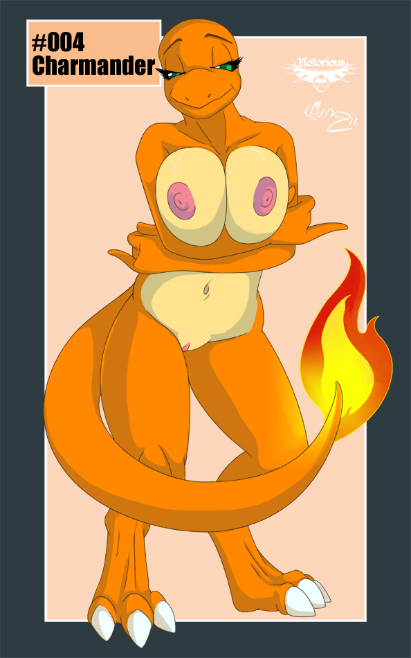 2011 breasts charmander female fire holding_breasts looking_at_viewer mingchee nintendo nipples notorious84 nude pinup pokémon_(species) pokemon pokemon_rgby pose pussy solo tail tail_fire the_pokedex_project