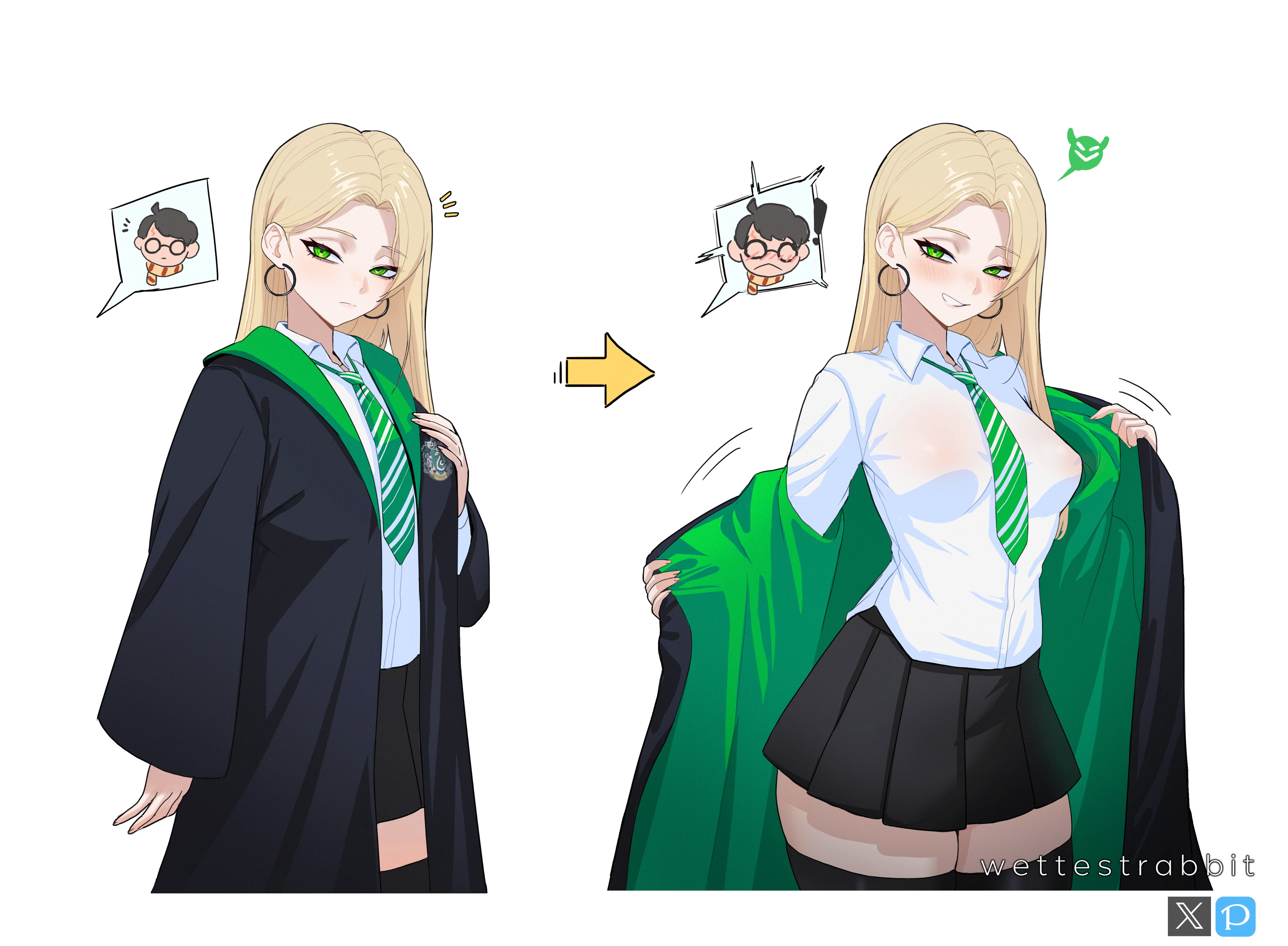 1boy, 1girls, breasts, draco malfoy, draco malfoy (redteneri), female, female focus, genderswap, harry james potter, harry potter, large breasts, light skin, light-skinned female, looking at viewer, panties, rule 63, school uniform, skirt, thick thighs, thighs, wettestrabbit, wide hips