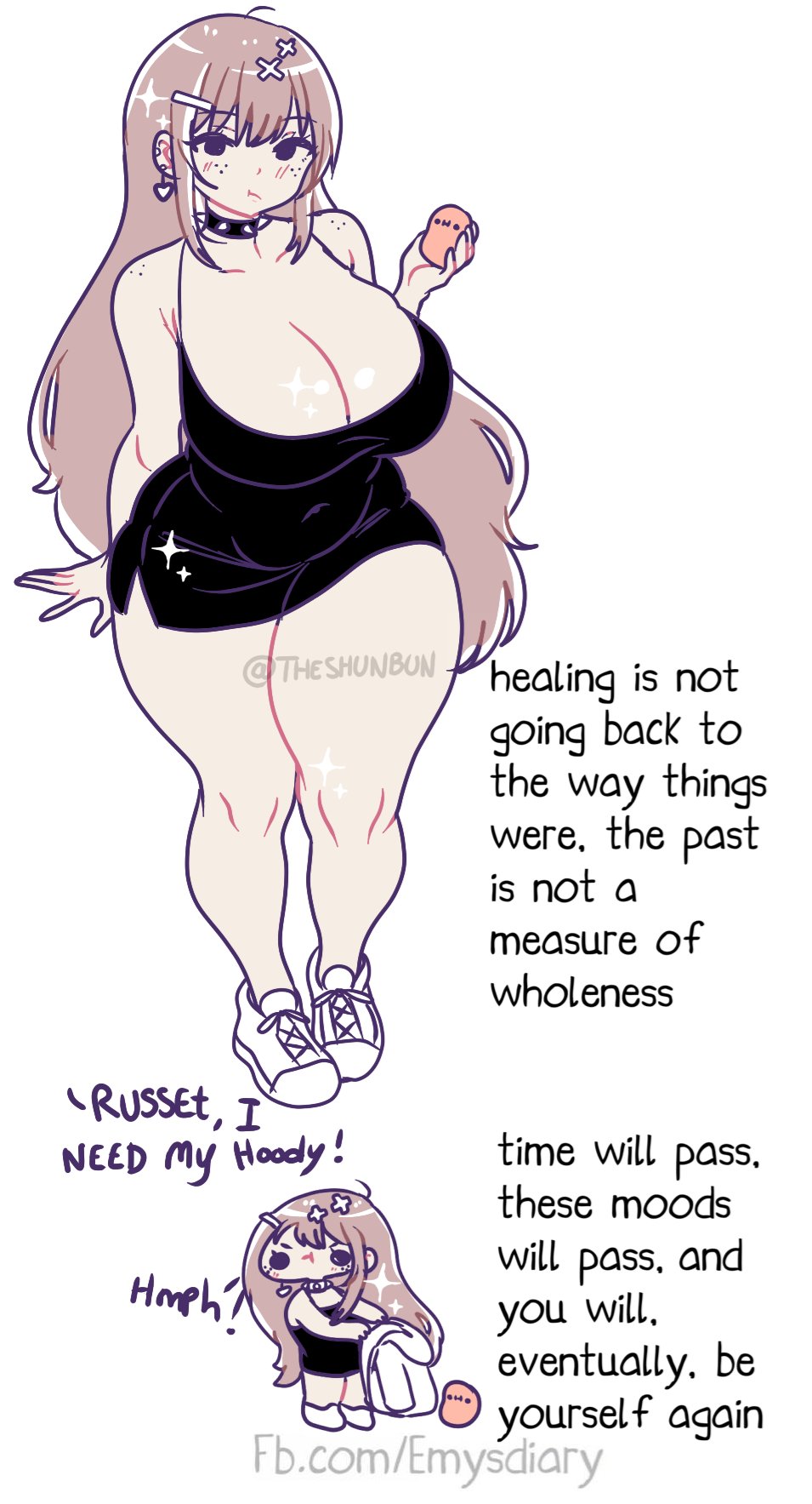 advice, bbw, big beautiful woman, big breasts, breasts bigger than head, brown hair, chibi, choker, chubby, chubby belly, chubby female, cleavage, cleavage dress, curvaceous, curvaceous female, curvaceous figure, curvy, curvy female, curvy figure, dress, earrings, emotional support, encouragement, encouraging, encouraging viewer, freckles, freckles on face, freckles on shoulders, full body, hairclip, hoodie, hourglass figure, hourglass figured female, huge breasts, kawaii potato, large breasts, looking at viewer, minidress, motivational, pale skin, pale-skinned female, plump, pout, pouting, russet (theshunbun), short dress, short skirt, slightly chubby, slightly chubby female, sneakers, spiked collar, tagme, talking to viewer, theshunbun, thick thighs, tummy, voluptuous, voluptuous body, voluptuous female, wholesome, wholesome as fuck, wholesome end, wide hips