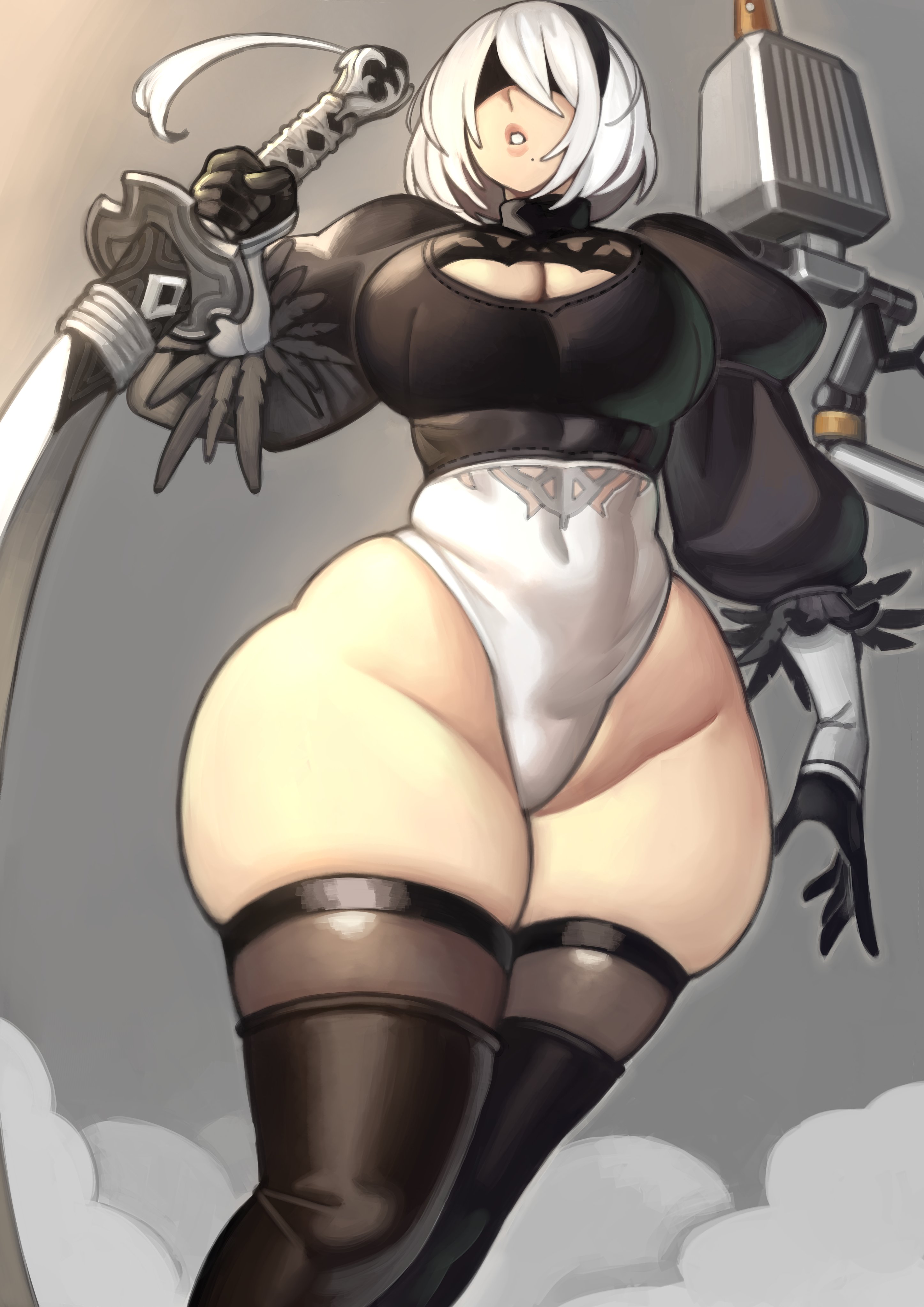 1girls, 2d, big breasts, big thighs, boob window, boobs, boobs bigger than head, breasts, breasts bigger than head, breedable hips, closed eyes, closed mouth, color, colored, covered eyes, curvaceous, curvaceous body, curvaceous female, curvaceous figure, curvy, curvy body, curvy female, curvy figure, curvy hips, dummy thicc, eyes covered, female, female focus, female only, front view, gloves, hair, hair ornament, hairband, high resolution, highres, hips, hips wider than shoulders, huge thighs, kelvin hiu, large boobs, large breasts, light skin, light-skinned female, massive thighs, mouth closed, navel, navel visible through clothes, nier, nier (series), nier: automata, peace sign, pod (nier), pose, posing, short hair, solo, solo female, solo focus, tall female, thicc, thicc thighs, thick, thick hips, thick legs, thick thighs, thigh boots, thigh strap, thighs, thunder thighs, thunderthighs, tits, tummy, v, v sign, voluptuous, voluptuous body, voluptuous female, white background, white hair, wide hips, wide thighs, yorha 2b