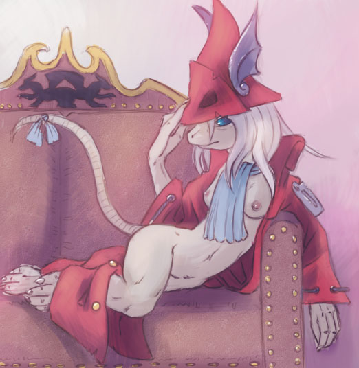 9_6 blue_eyes breasts burmecian female final_fantasy final_fantasy_ix freya_crescent hair half-dressed hat lying nipples rat rodent scarf sofa solo video_games white_hair