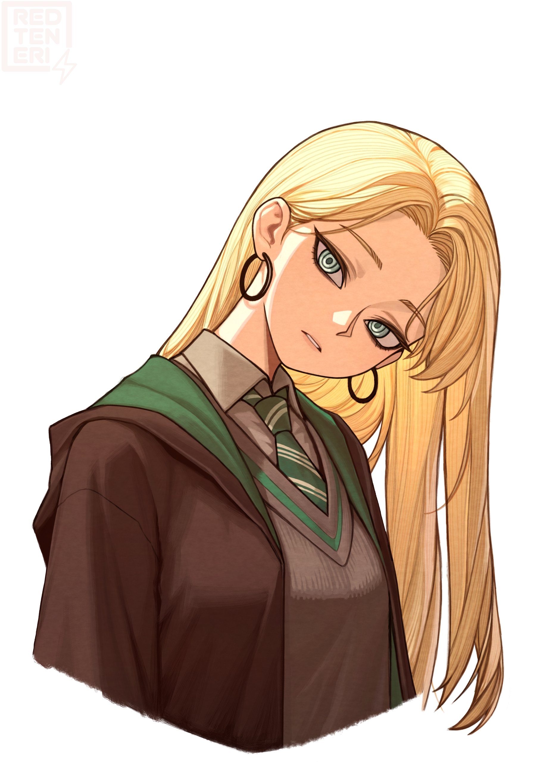 1girls, absurdres, blonde hair, brown robe, brown sweater, cardigan, collared shirt, commentary, cropped torso, curtained hair, draco malfoy, draco malfoy (redteneri), earrings, english commentary, genderswap, genderswap (mtf), green eyes, green necktie, green robe, hair behind ear, harry potter (series), head tilt, highres, hood, hood down, hooded robe, hoop earrings, jewelry, long hair, looking at viewer, necktie, parted lips, redteneri, ringed eyes, robe, rule 63, school uniform, shirt, simple background, slytherin, solo, striped clothes, striped necktie, sweater, textless version, turning head, two-sided fabric, two-sided robe, two-tone robe, v-neck, watermark, white background, wizarding world
