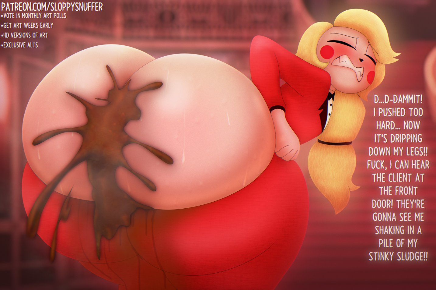 1girls, blushing, charlie morningstar (hazbin hotel), embarrassed, embarrassed expression, embarrassed female, fart, fart fetish, scat, scat fetish, shart, sloppysnuffer