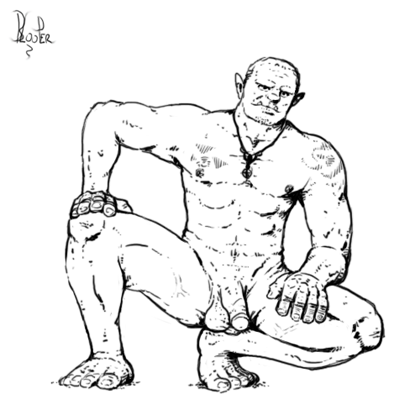 1male abs balding balls biceps black_and_white blooper_(artist) crouching erect_nipples flaccid hand_on_knee male male_only muscles necklace nude orc orc_male pecs penis pointed_ears retracted_foreskin solo solo_male spread_legs tattoo tusks