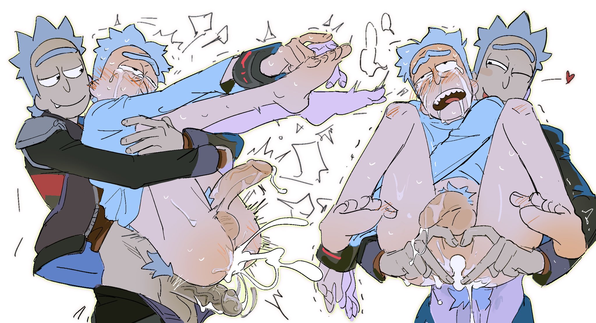 2026, 2boys, adult swim, anal, blue hair, blush, cartoon, circumcised, clothed sex, creampie, crying, cum inside, cum spurt, digital media (artwork), drawing, drooling, dubious consent, fang, feet, full nelson, gay, handcuffs, heart, heart hands, legs up, lifting, male, male focus, male only, male penetrated, male penetrating, male penetrating male, male/male, motion lines, plain background, pubic hair, rick and morty, rick prime, rick sanchez, selfcest, smug, spiky hair, standing sex, tongue out, trembling, twitter, twitter link, unibrow, veiny penis, warner brothers, white background, wink, yaoi