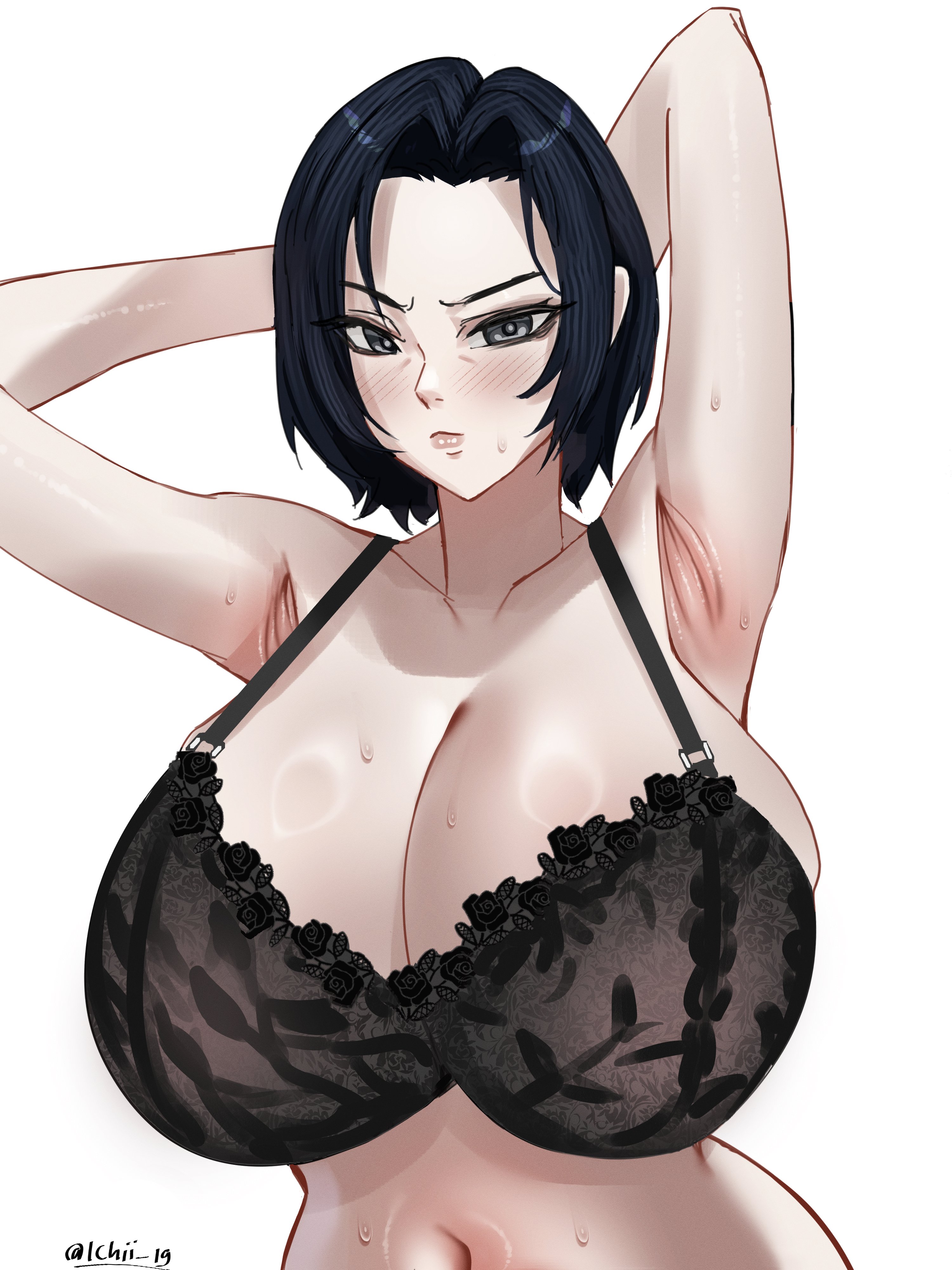 1girls, armpits, big boobs, big breasts, big tits, black bra, black hair, black hair female, boobs, bra, breasts, female, genderswap, harry potter, hourglass figure, hourglass figured female, ichii 19, navel, rule 63, severus snape, simple background, tits, white background, woman