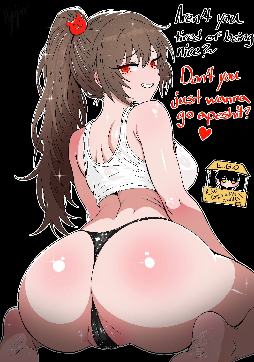 1boy, 1girls, ass, ass focus, ayin (lobotomy corporation), bear hair ornament, black background, black hair, brown hair, carmen (lobotomy corporation), english, english dialogue, english text, hair ornament, high ponytail, hyojin en, limbus company, lobotomy corporation, long hair, looking at viewer, market stall, medium breasts, meme, no pants, panties, partially visible vulva, ponytail, project moon, red eyes, seducing viewer, simple background, smile, smiling at viewer, talking to viewer, tank top, underwear, yellow eyes